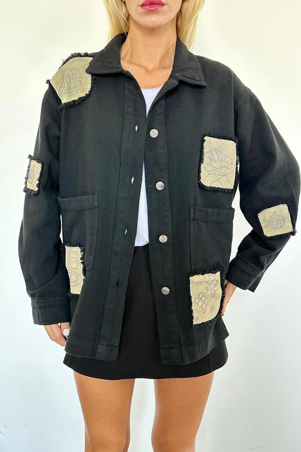 Toptan Siyah Gabardin Arma Detaylı Gömlek Ceket