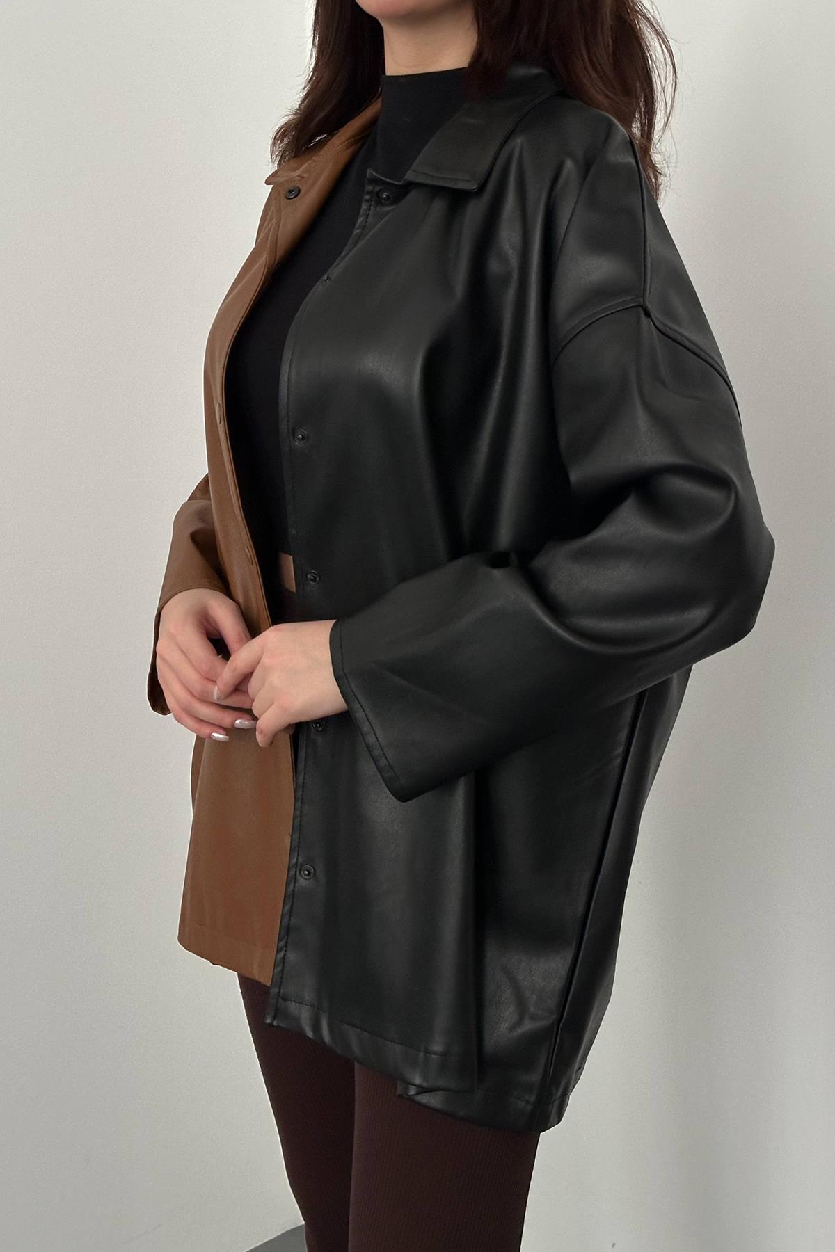 Toptan Siyah Garnili Çıtçıtlı Deri Gömlek