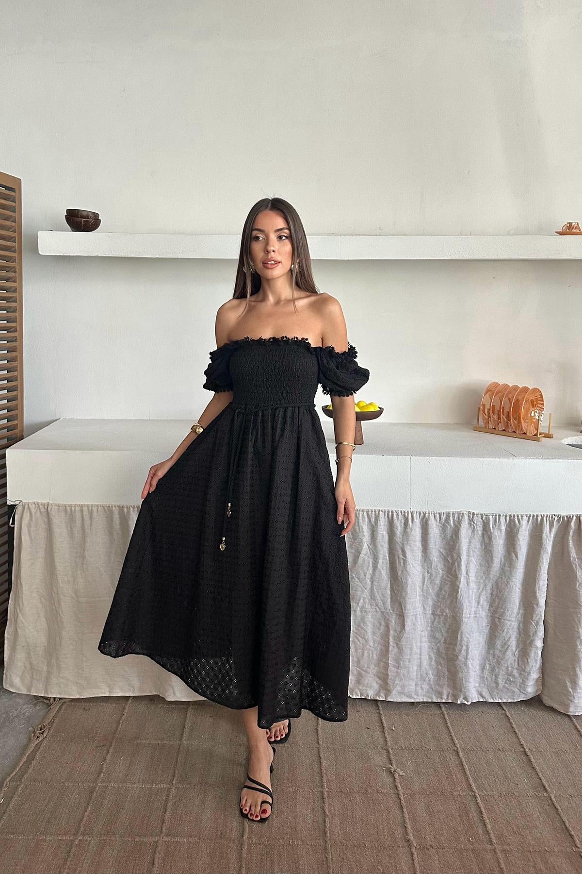 Toptan Siyah Gipeli Brode Elbise Siyah L