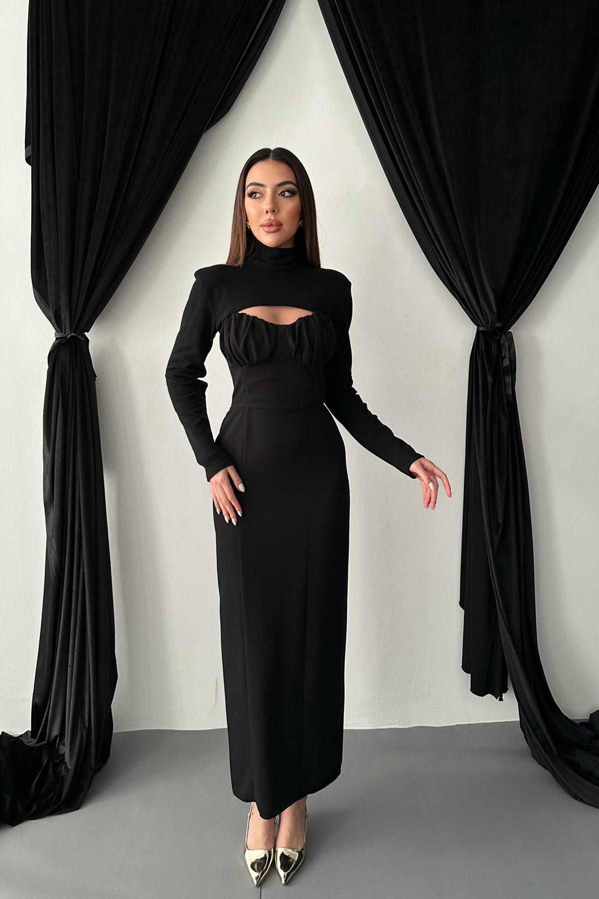 Toptan Siyah Göğüs Kuplu Elbise Siyah L