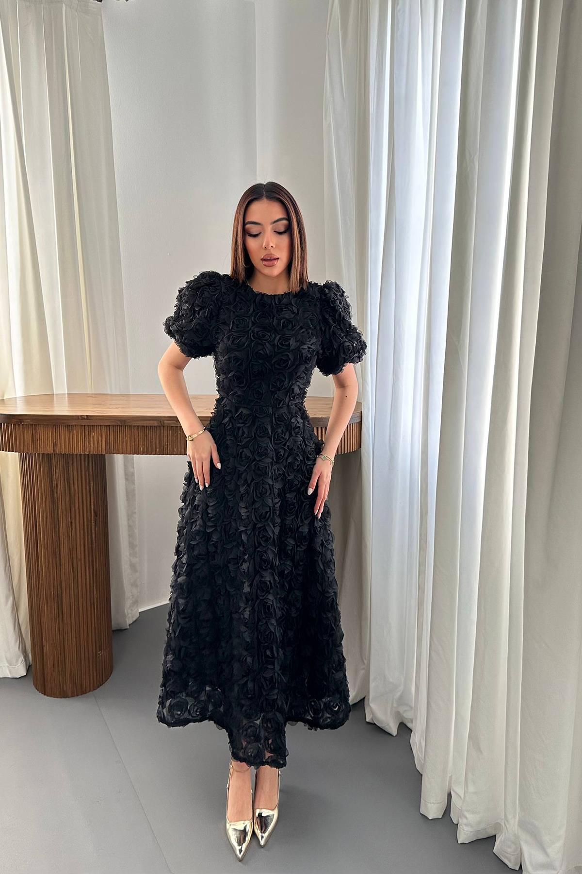 Toptan Siyah Güllü Elbise Siyah L