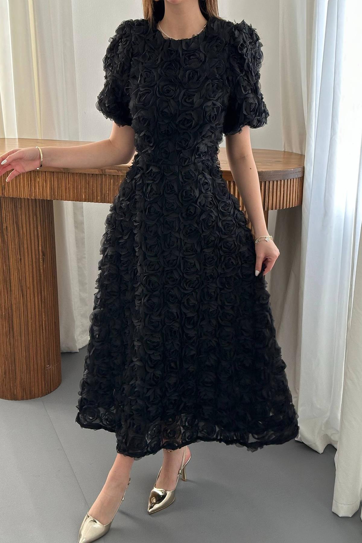 Toptan Siyah Güllü Elbise