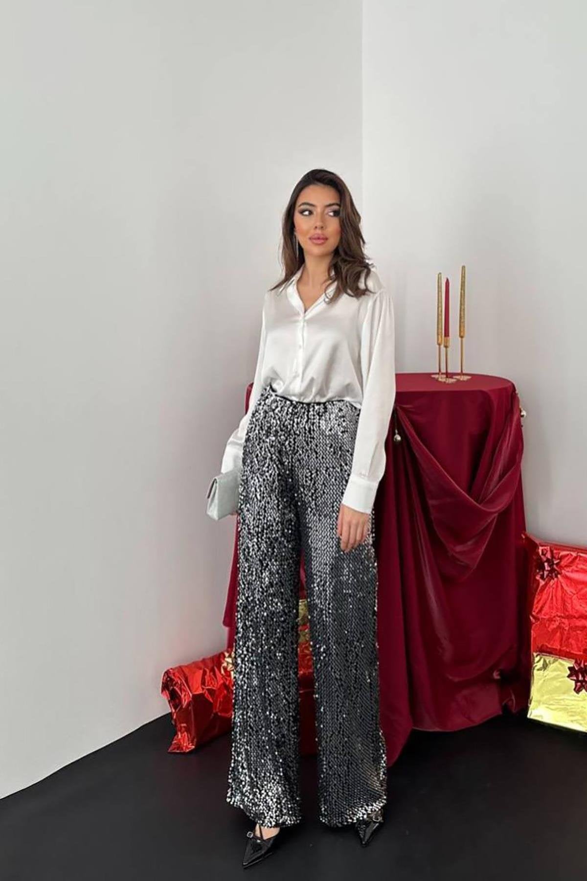 Toptan Siyah Gümüş Beli Lastikli Pullu Pantolon Siyah Gümüş L