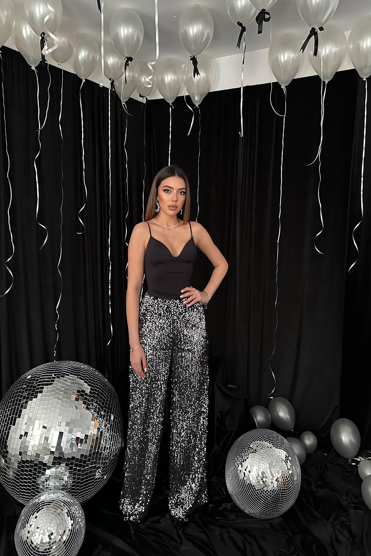 Toptan Siyah Gümüş Beli Lastikli Pullu Pantolon