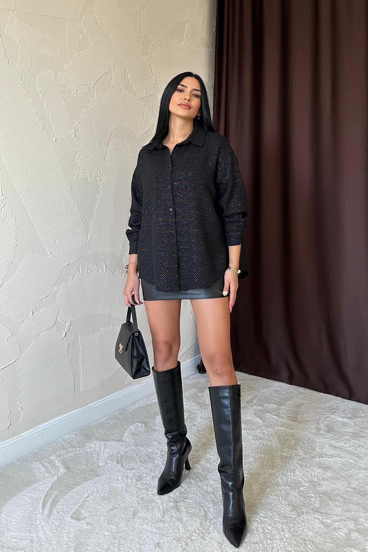 Toptan Siyah Işıltılı Gömlek