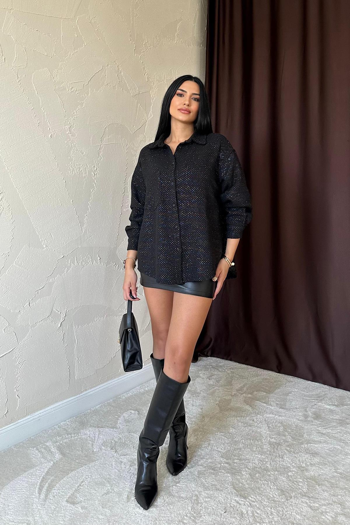 Toptan Siyah Işıltılı Gömlek