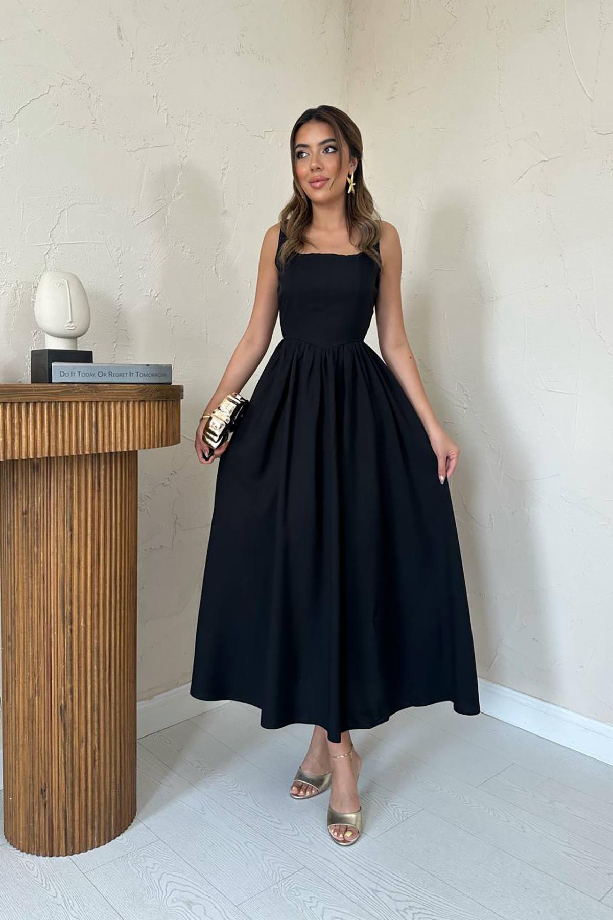 Toptan Siyah Kalın Keten Elbise Siyah L