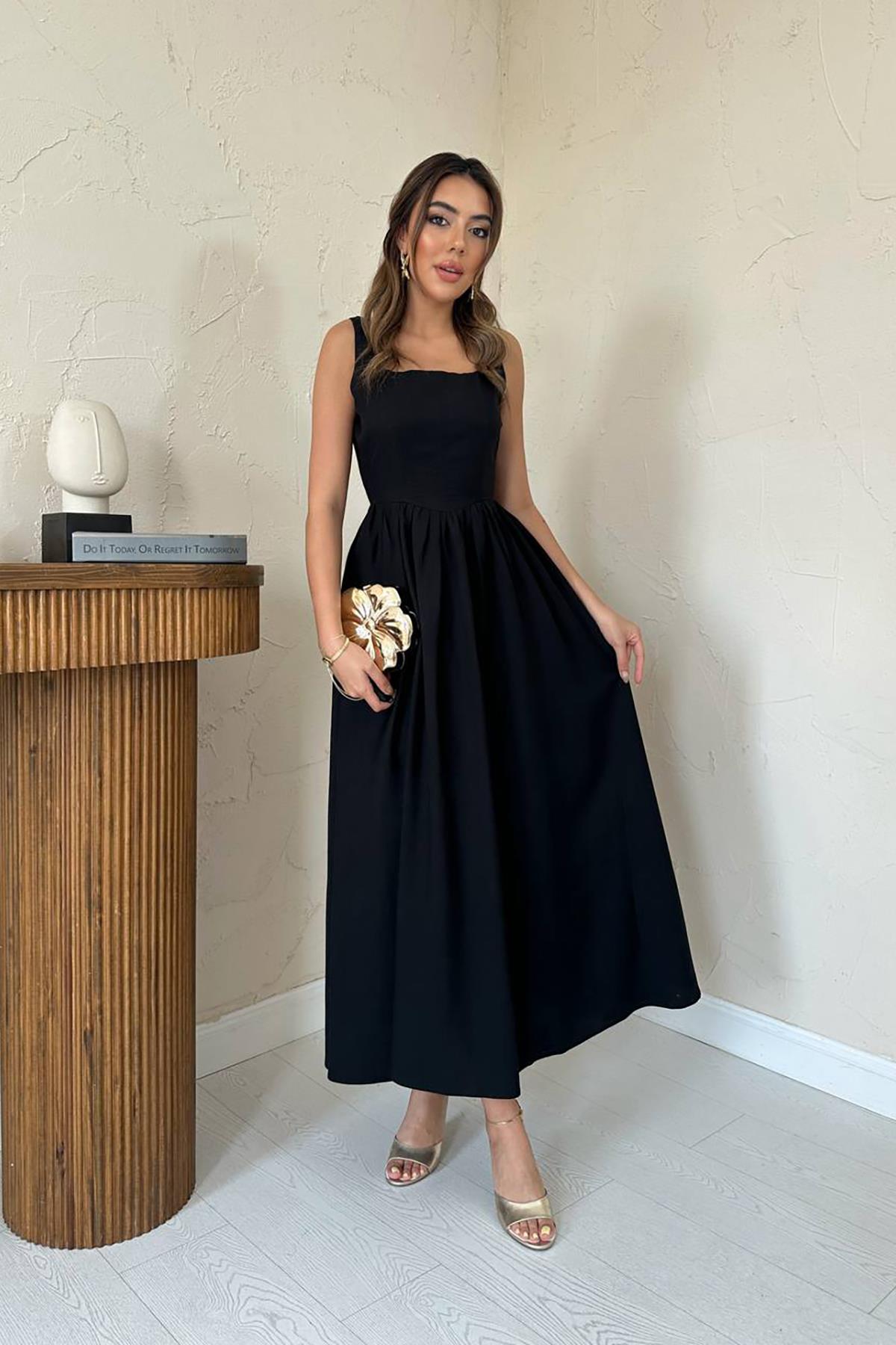 Toptan Siyah Kalın Keten Elbise