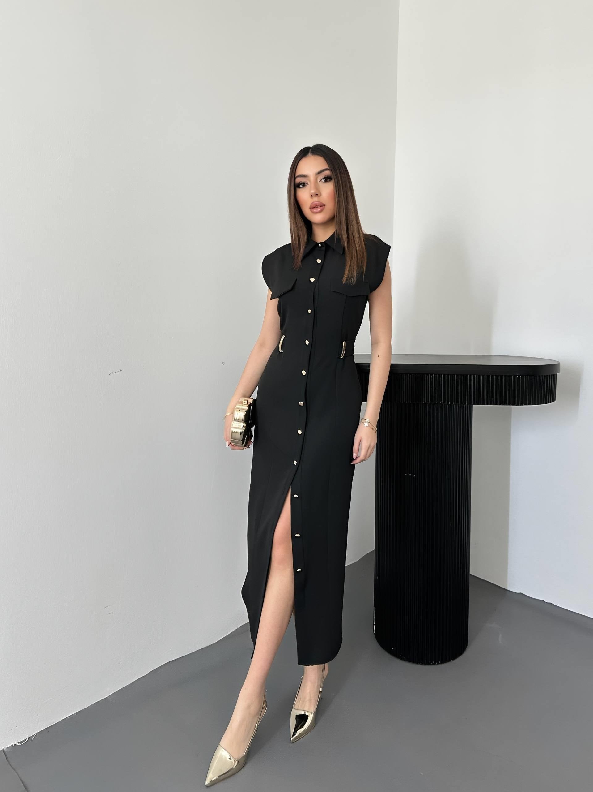 Toptan Siyah Kemer Aksesuarlı Atlas Elbise