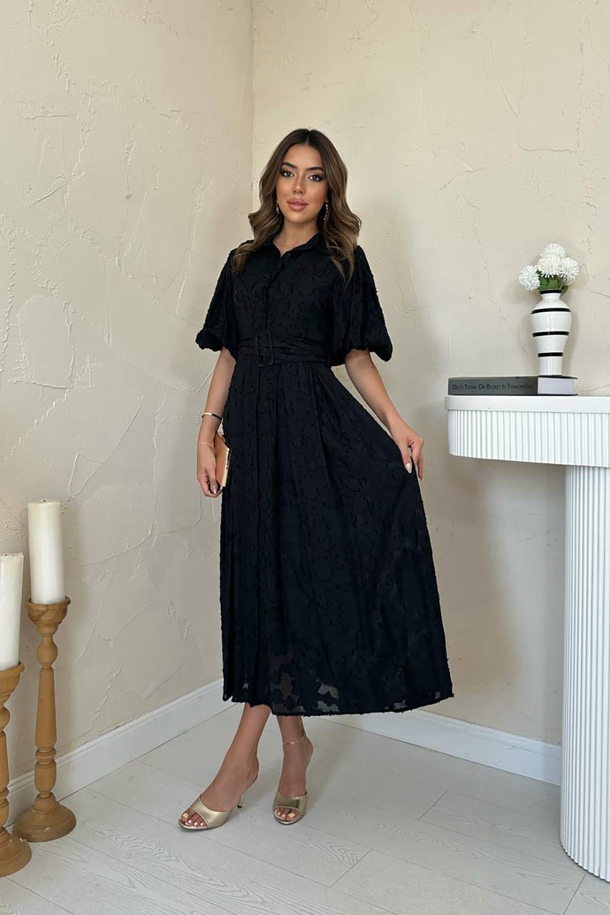 Toptan Siyah Kemerli Balon Kollu Elbise Siyah L