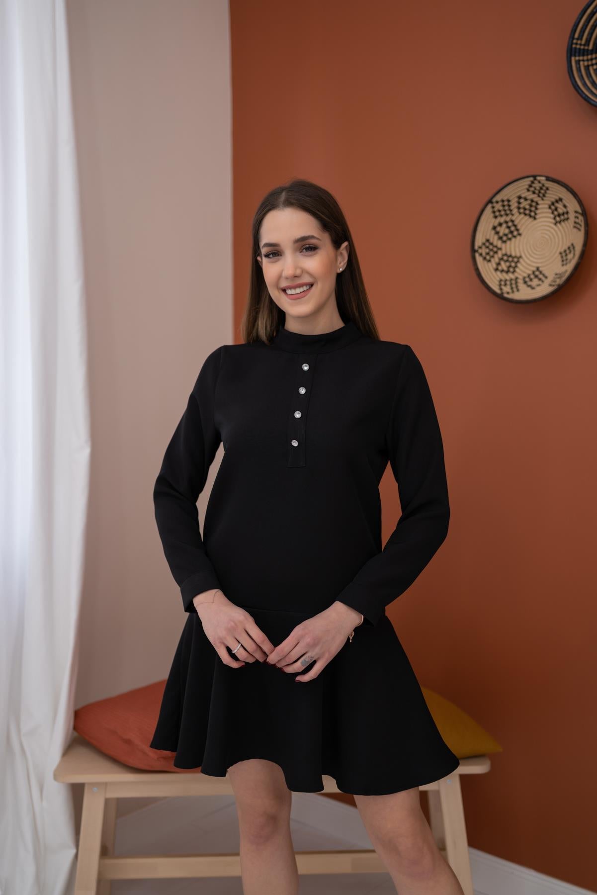 Toptan Siyah Klasik Düz Mini Elbise