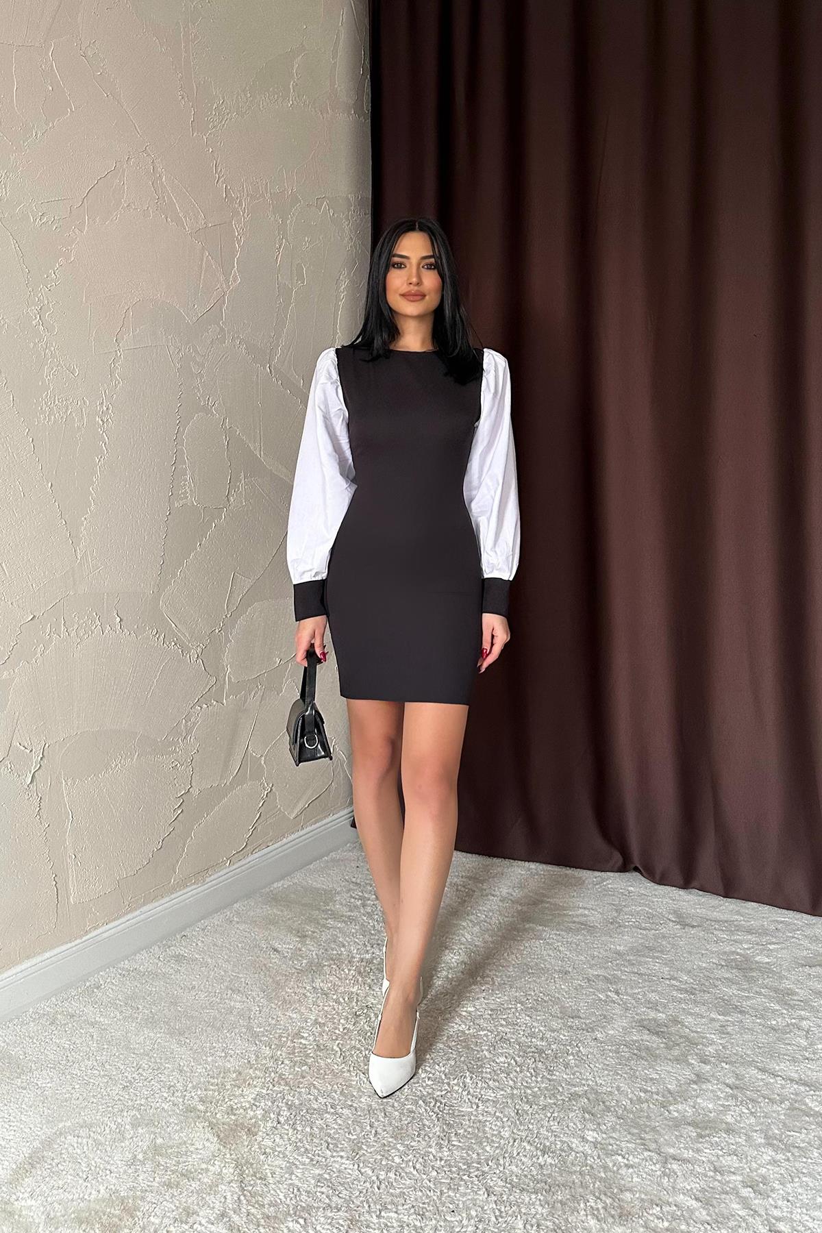 Toptan Siyah Kolu Dakron Atlas Elbise Siyah L