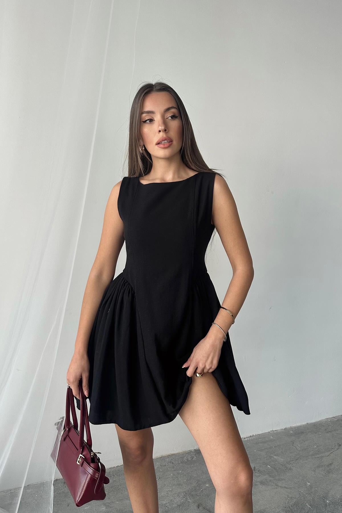 Siyah Mini Boy Büzgülü Keten Elbise
