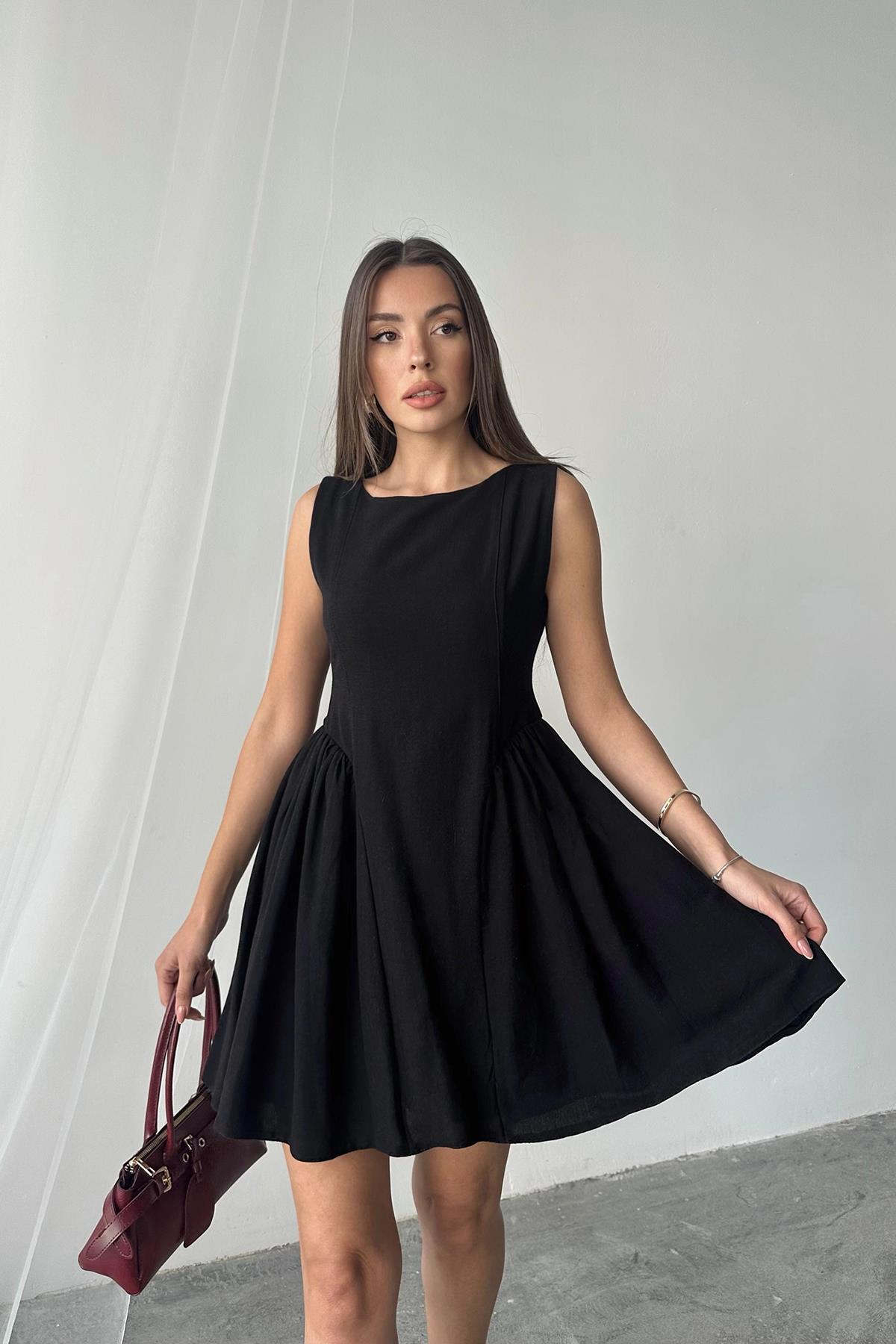 Toptan Siyah Mini Boy Büzgülü Keten Elbise