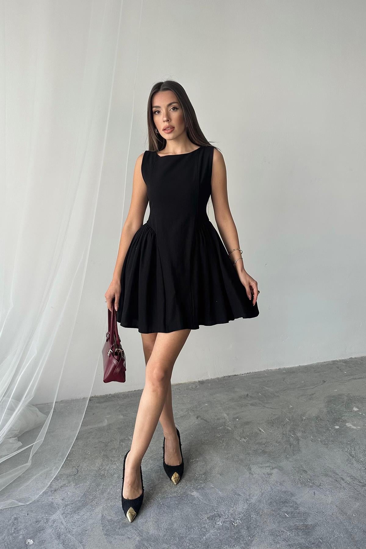 Siyah Mini Boy Büzgülü Keten Elbise