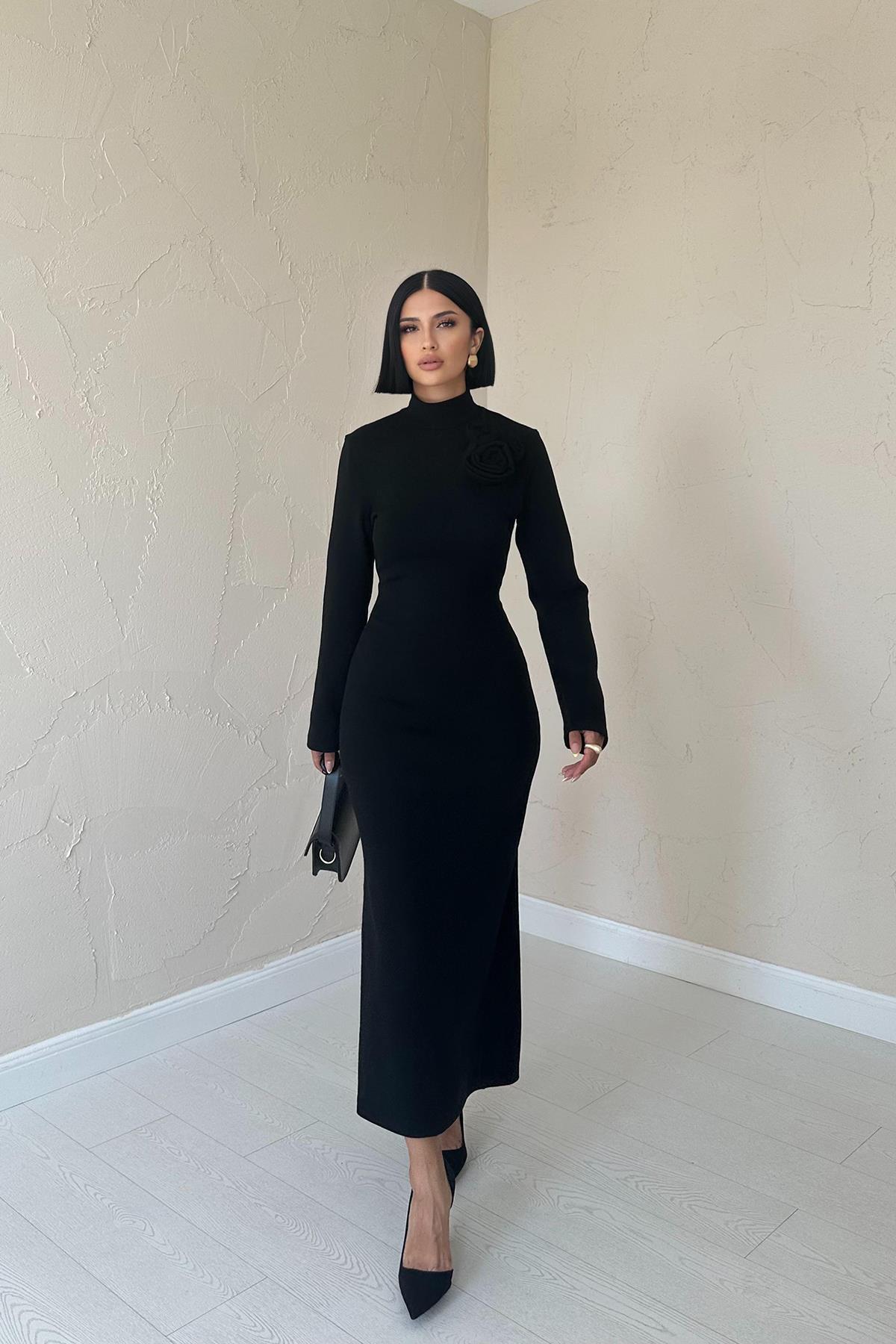 Toptan Siyah Omzu Güllü Düz Elbise Siyah L