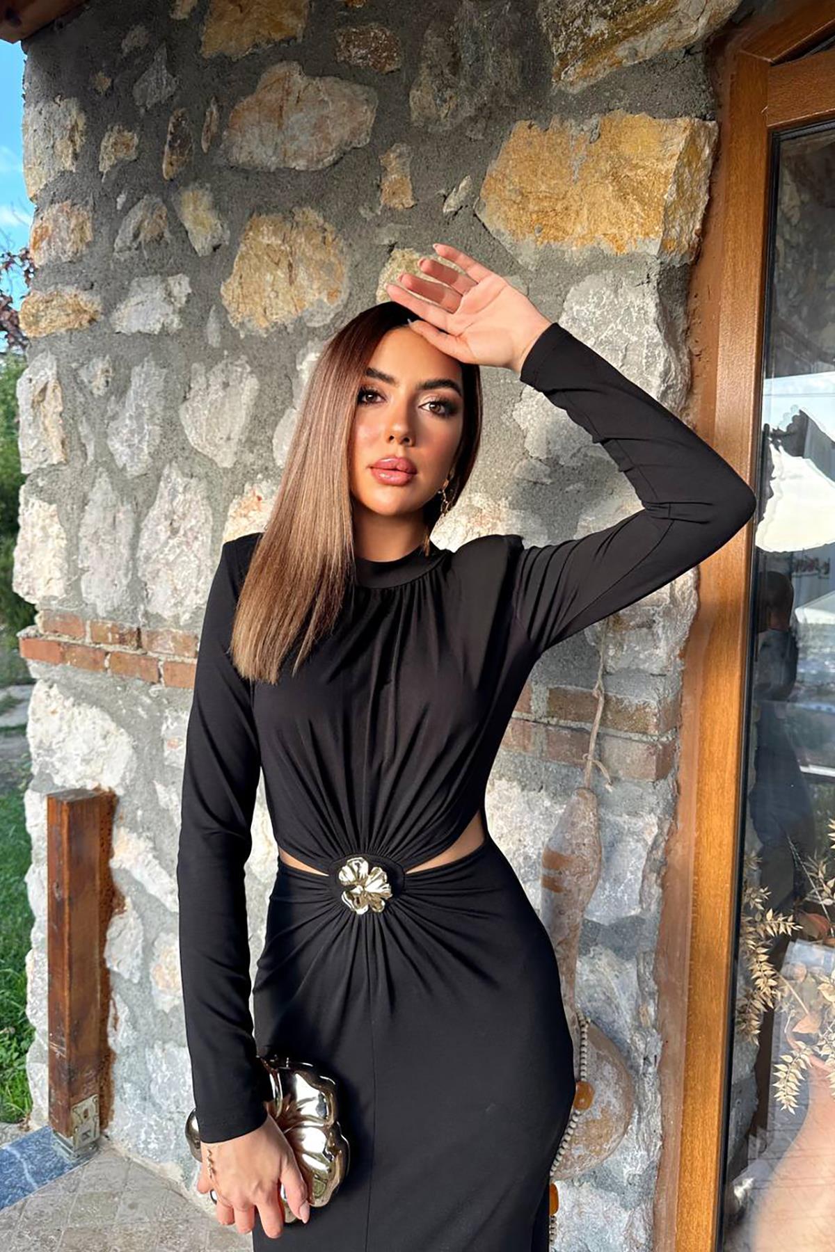 Toptan Siyah Pencere Detaylı Büzgülü Elbise
