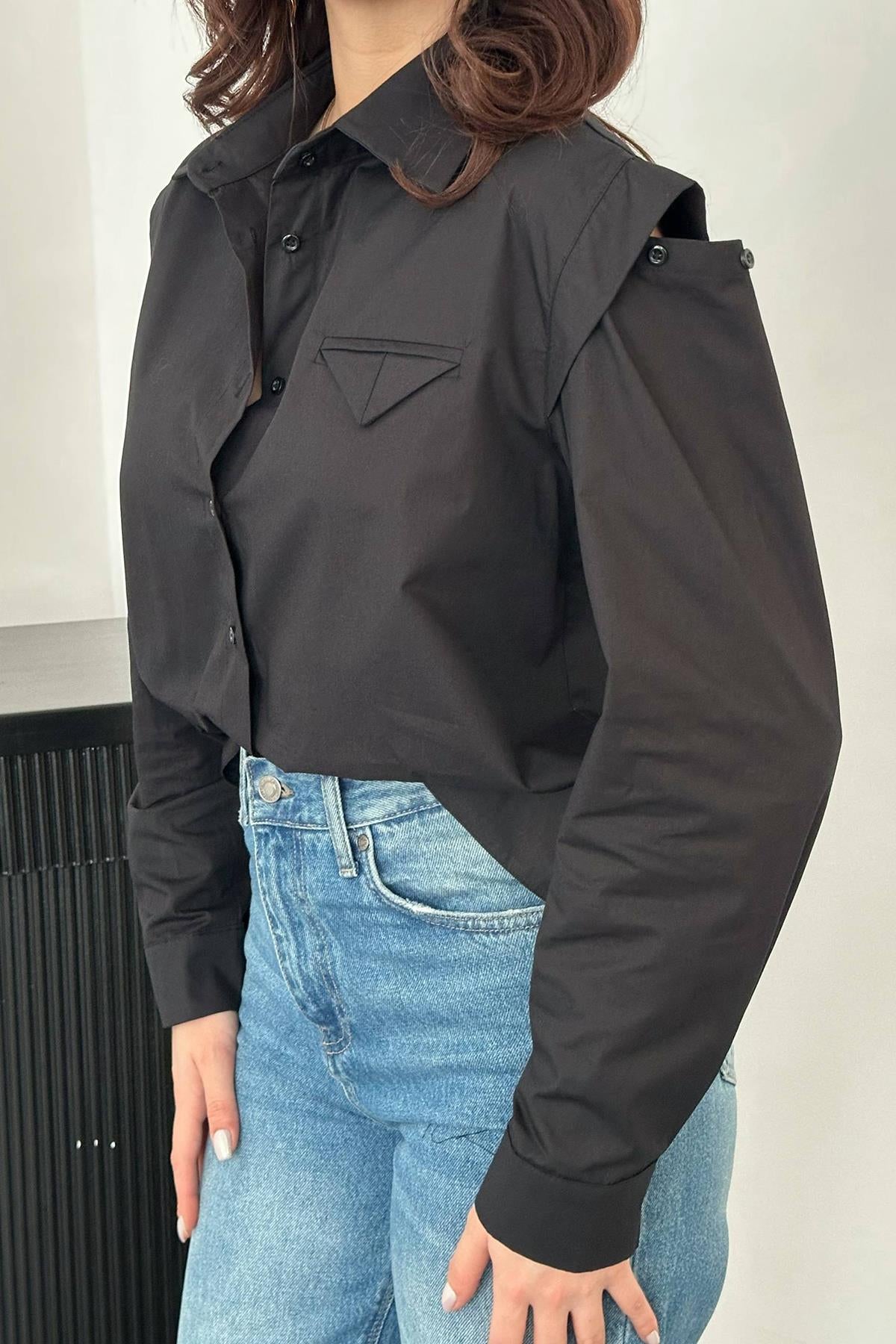 Toptan Siyah Peto Cepli Poplin Gömlek