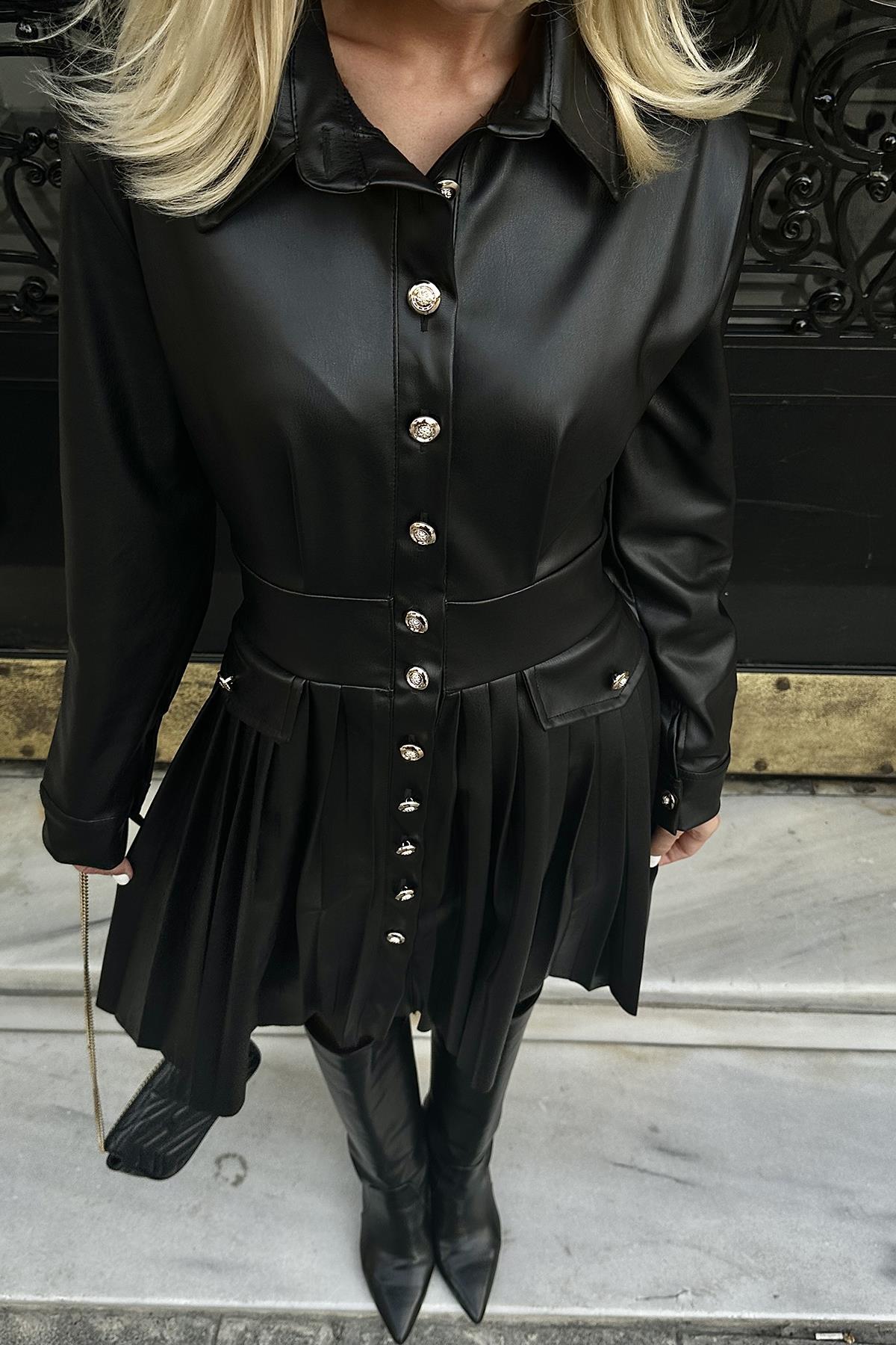 Toptan Siyah Piliseli Deri Elbise