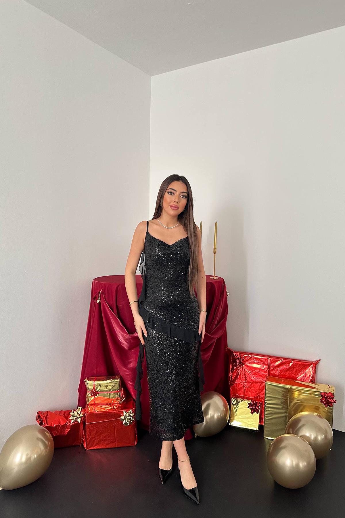 Toptan Siyah Pul Payetli Şifon Fırfırlı Elbise Siyah L