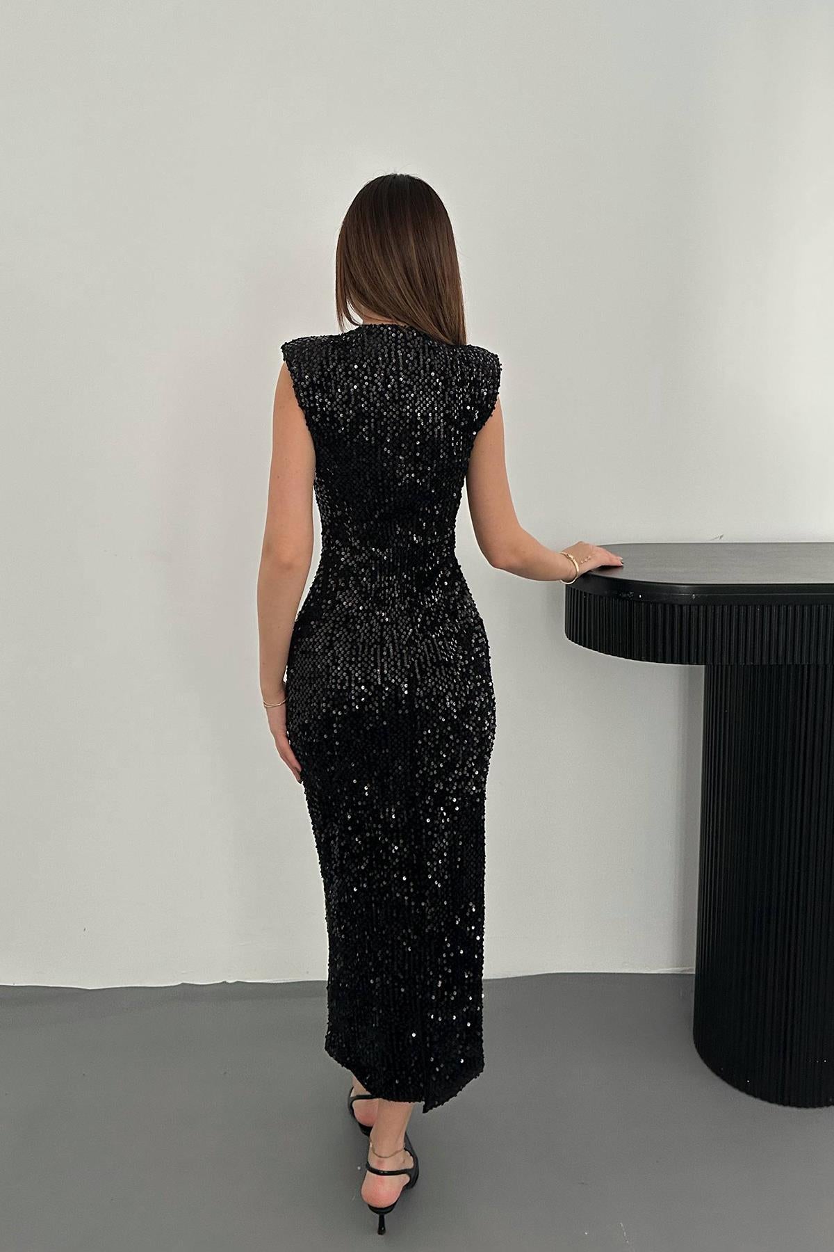 Toptan Siyah Pul Payetli Vatkalı Elbise