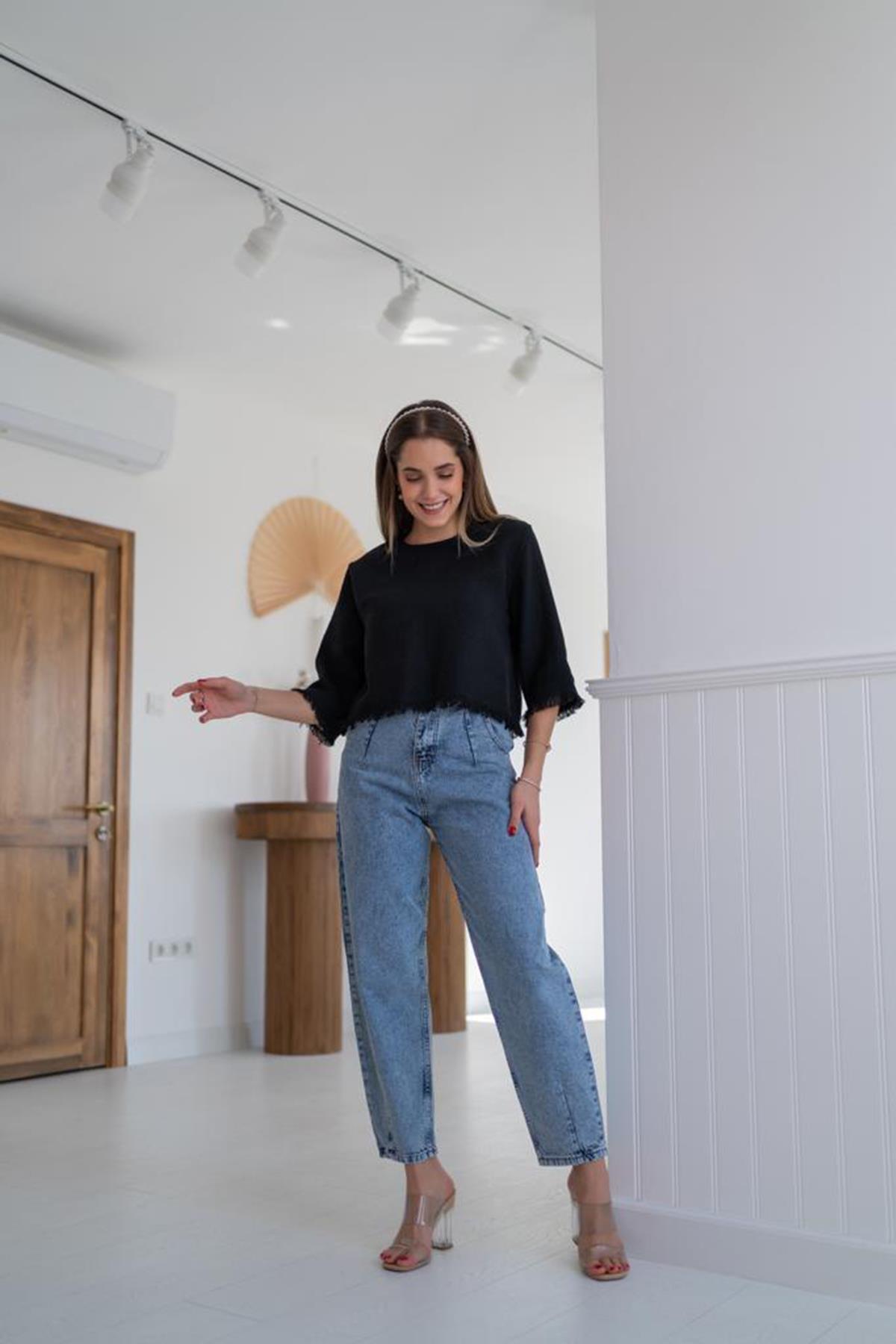 Toptan Siyah Püskül Detaylı Bluz Siyah L