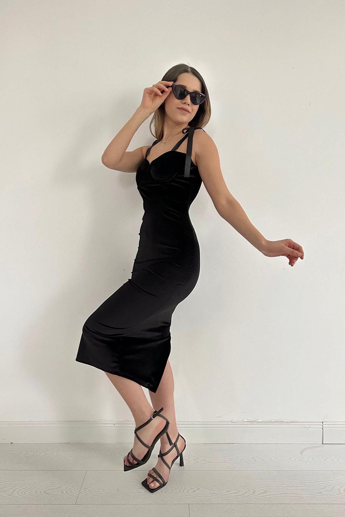 Toptan Siyah Saten Askılı Kadife Elbise Siyah L