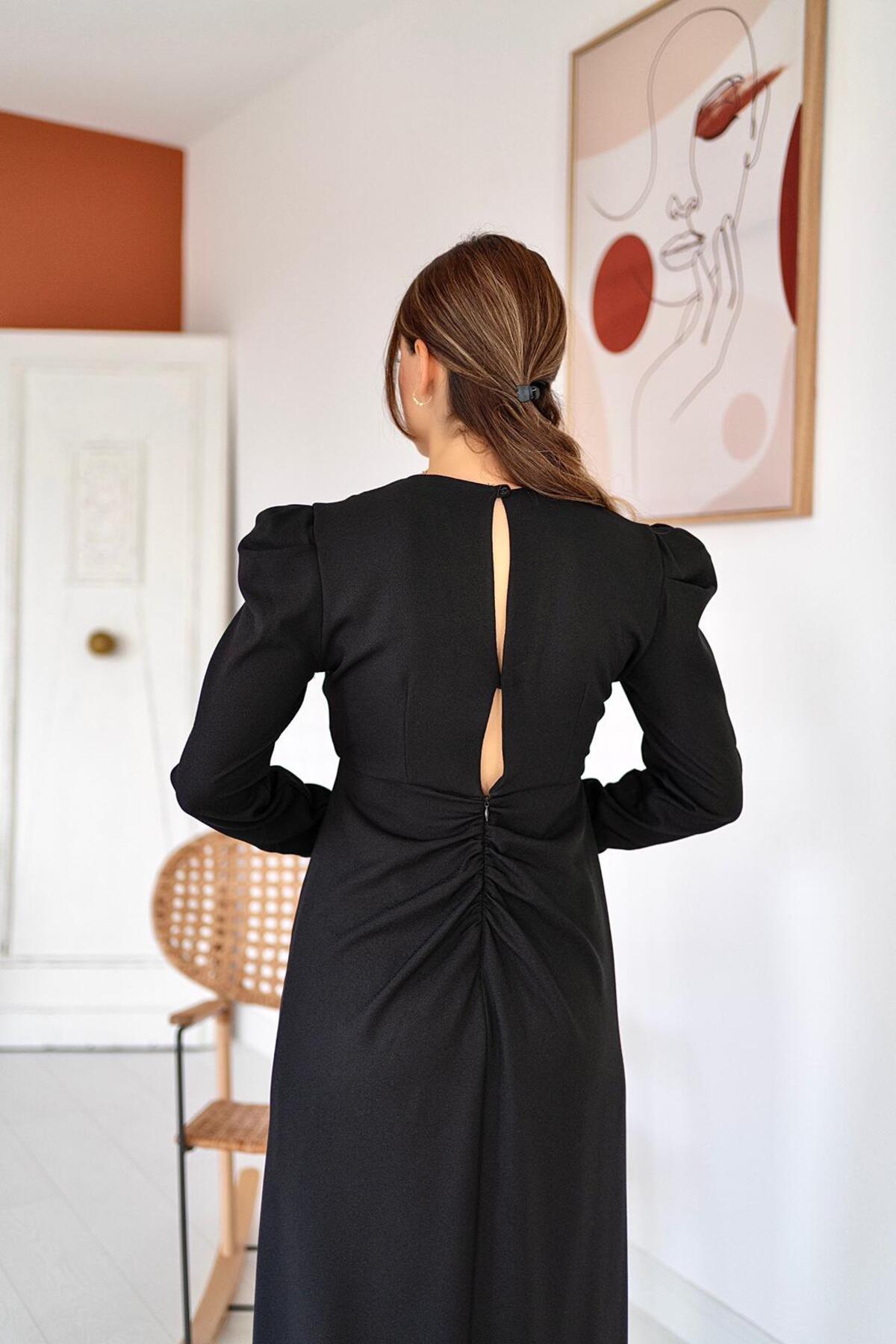 Toptan Siyah Sırt Dekolteli Elbise Siyah L