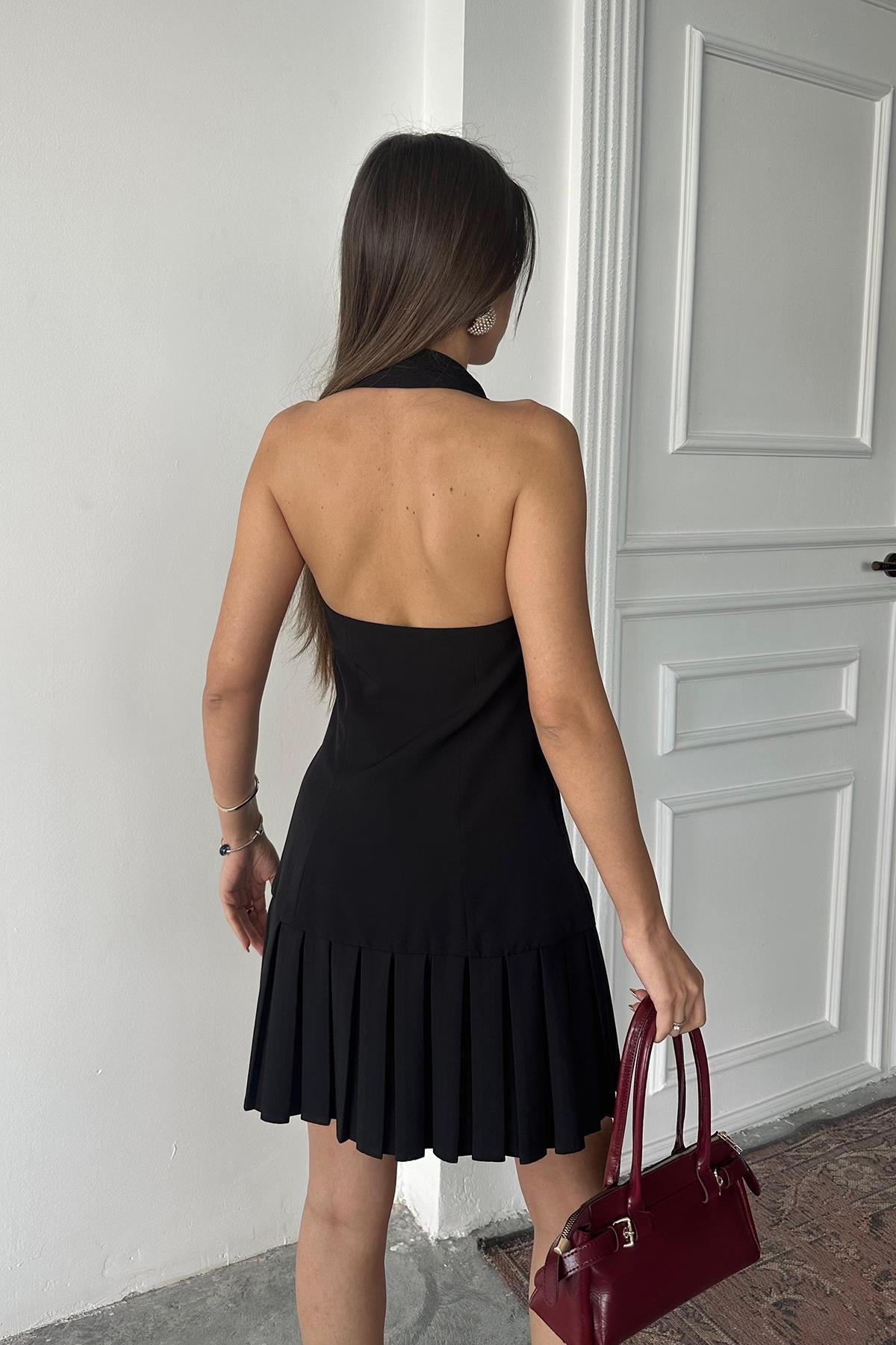 Toptan Siyah Sırtı Açık Ceket Yakalı Elbise