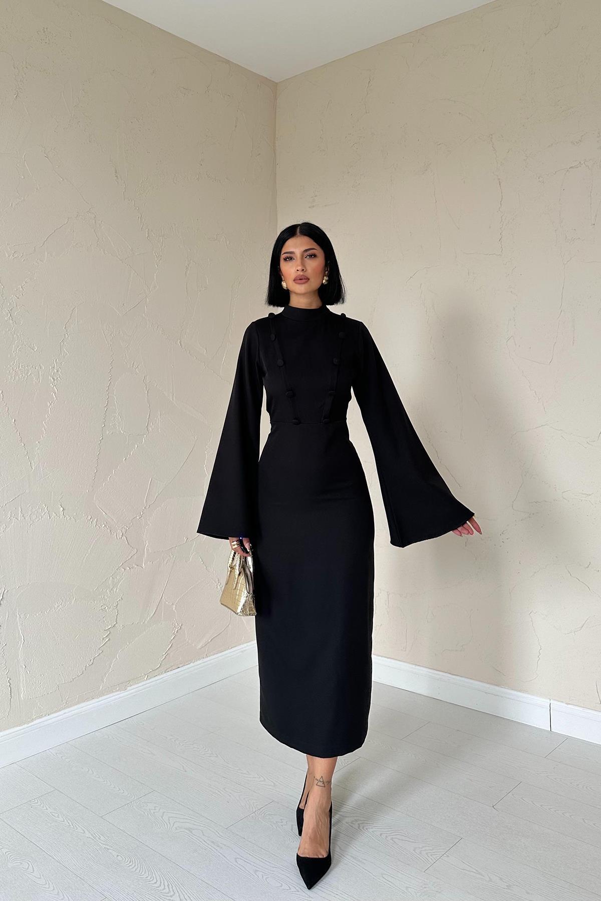 Toptan Siyah Tek Kollu Elbise Siyah L