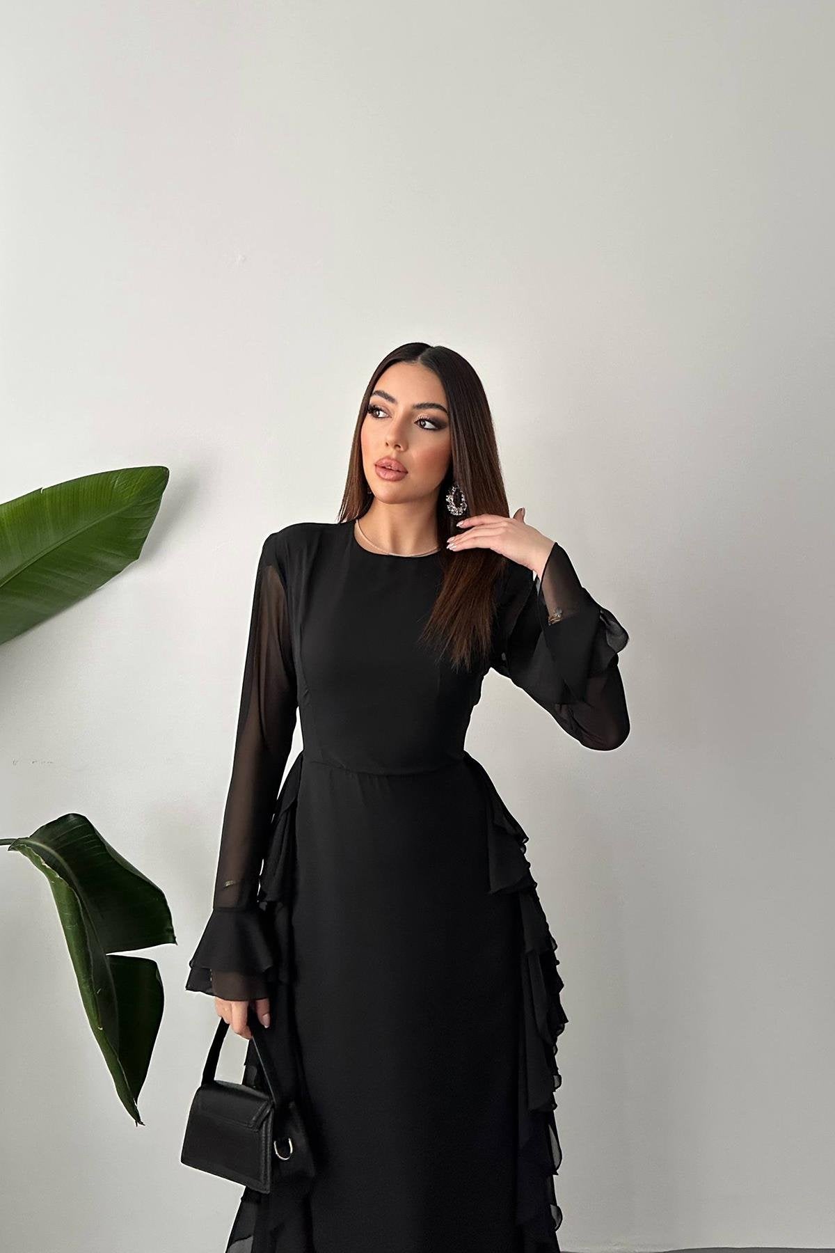 Toptan Siyah Volanlı Şifon Elbise