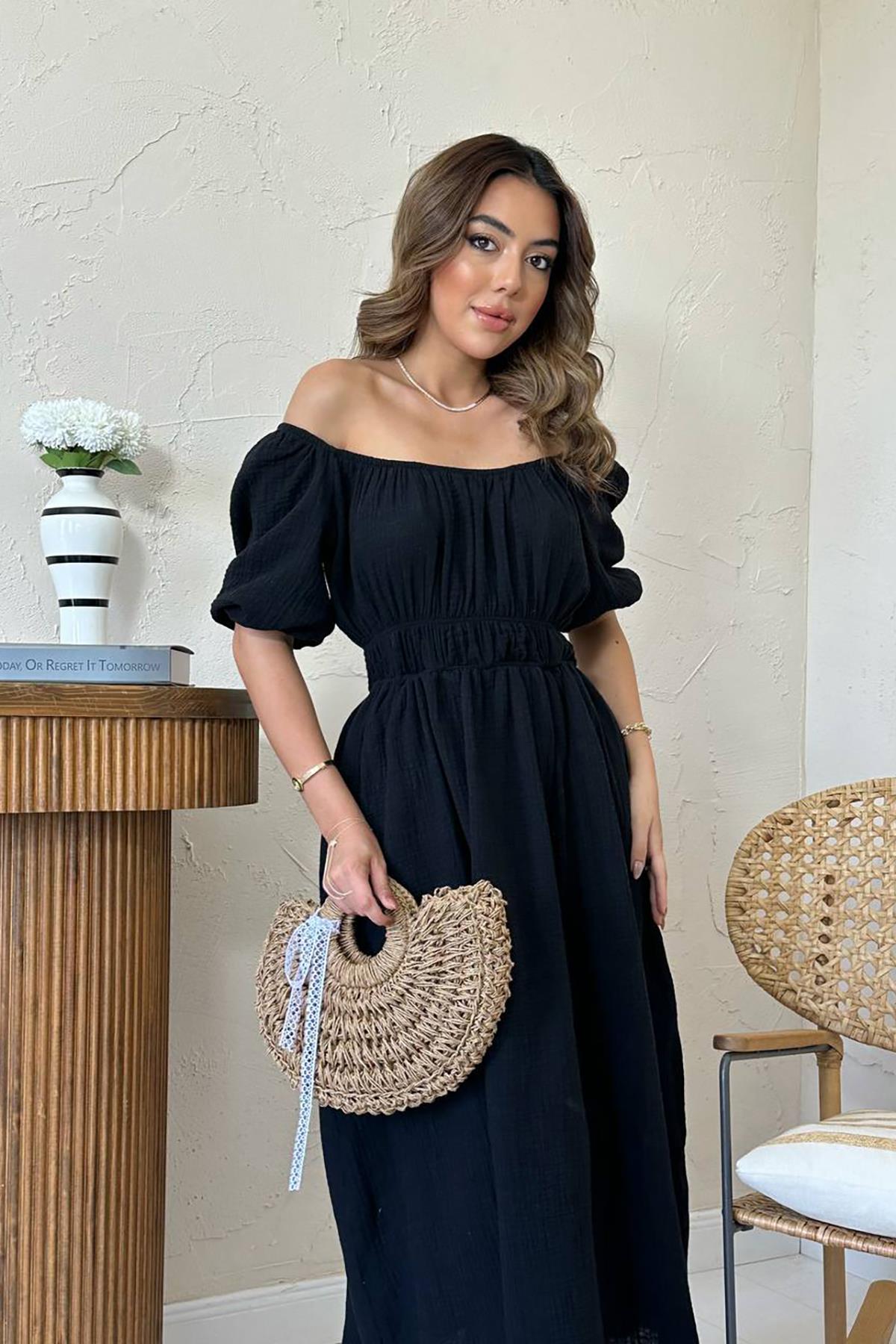 Toptan Siyah Yakası Büzgülü Müslin Keten Elbise