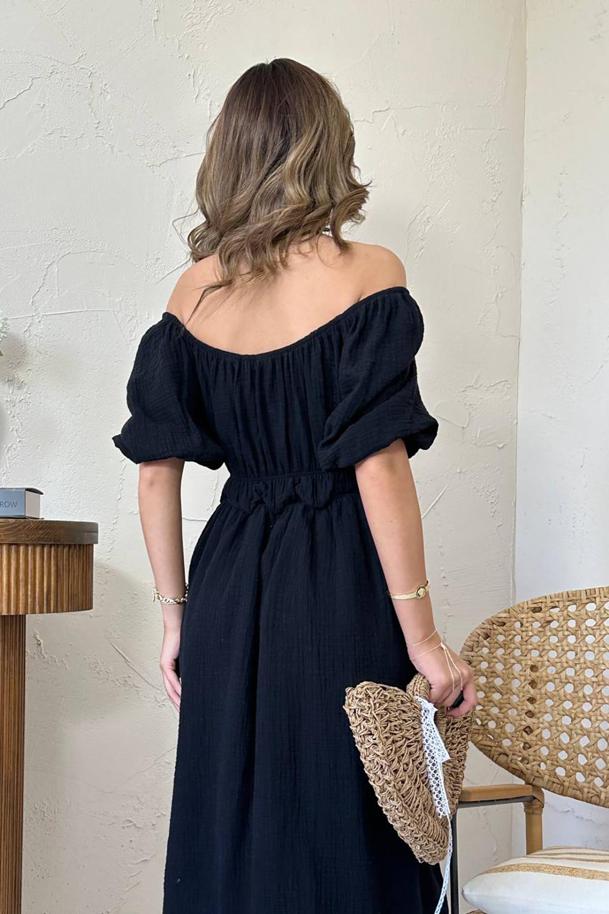 Toptan Siyah Yakası Büzgülü Müslin Keten Elbise