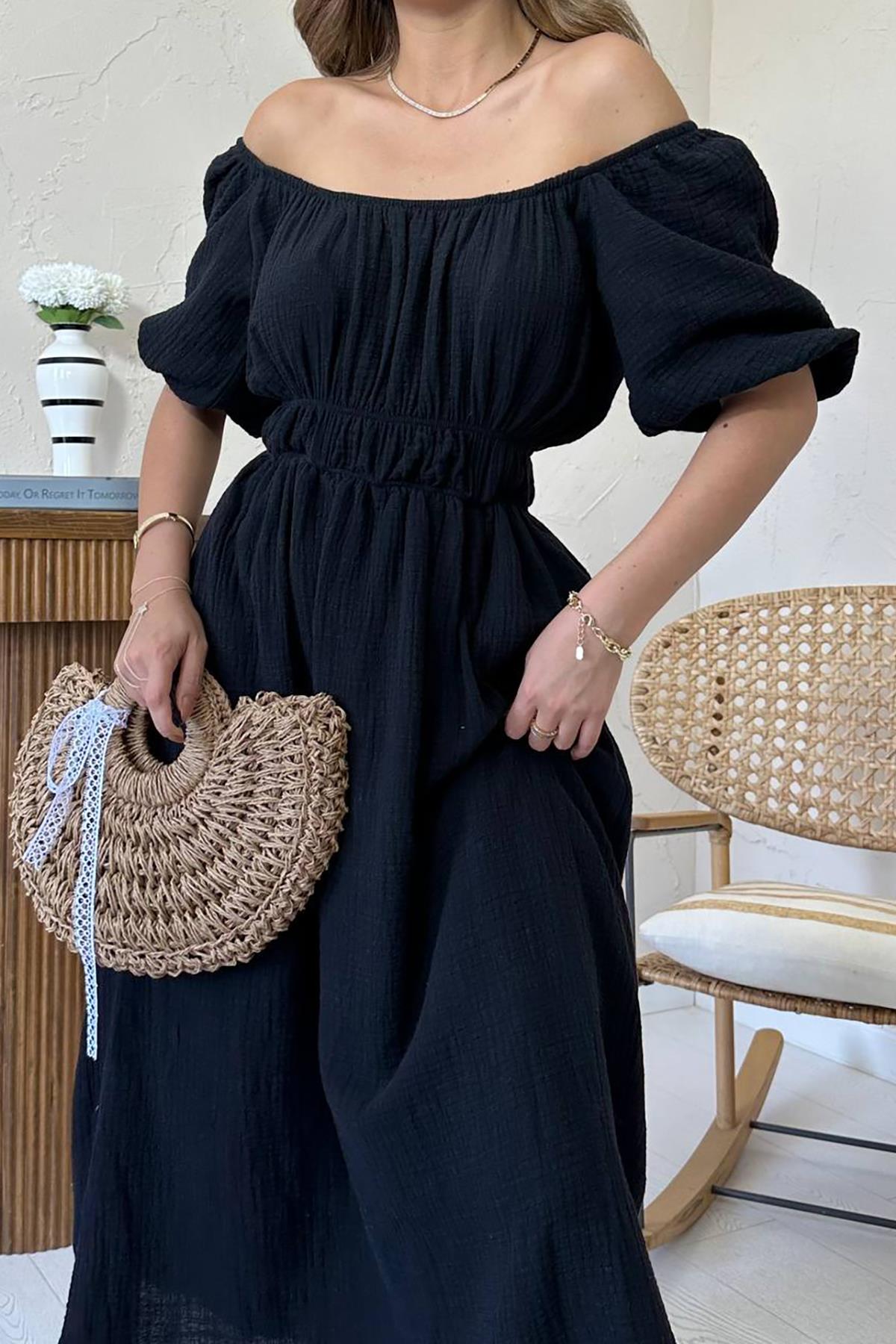 Toptan Siyah Yakası Büzgülü Müslin Keten Elbise