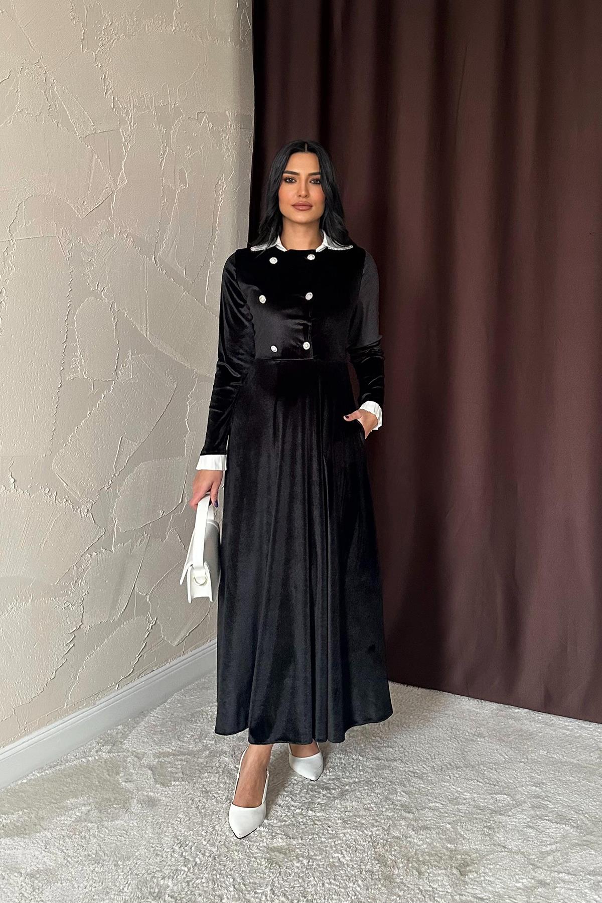 Toptan Siyah Yakası Taşlı Garnili Kadife Elbise