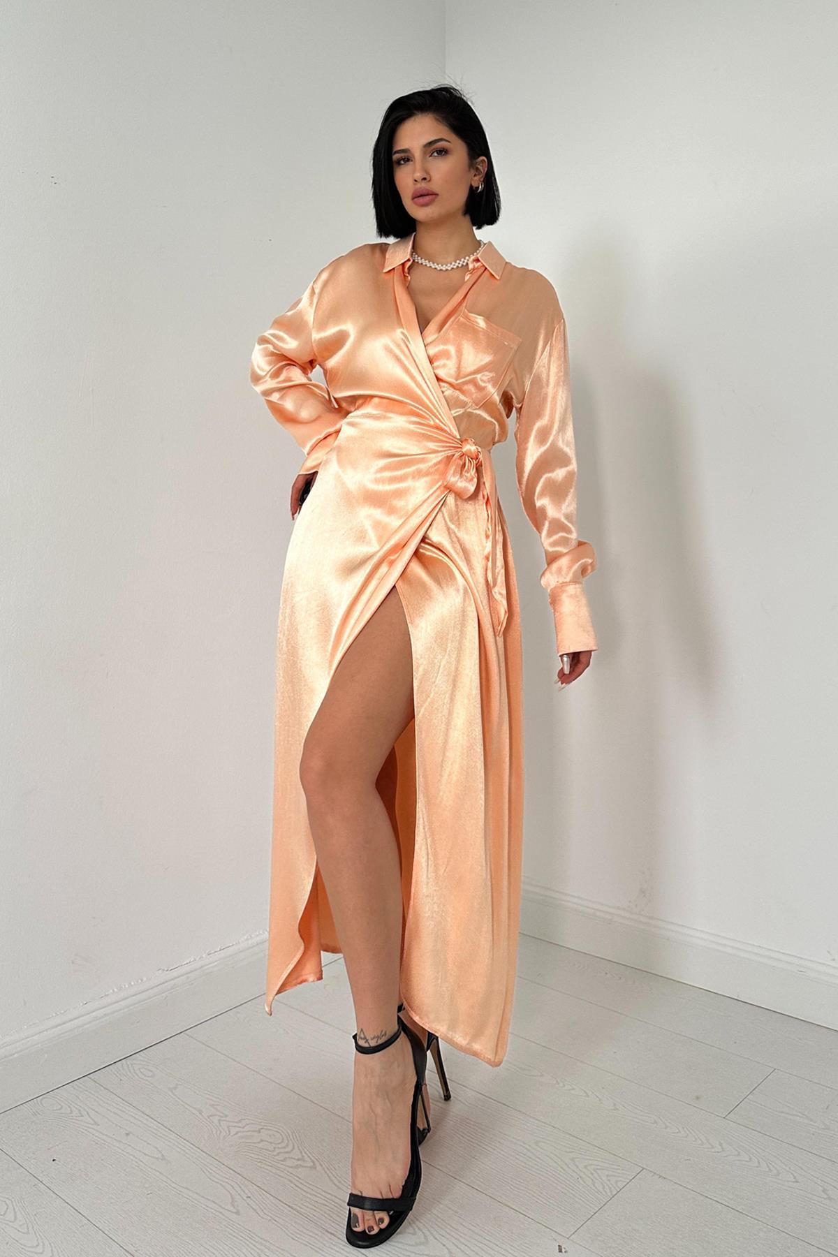 Toptan Somon Kuşaklı Gömlek Elbise Somon L