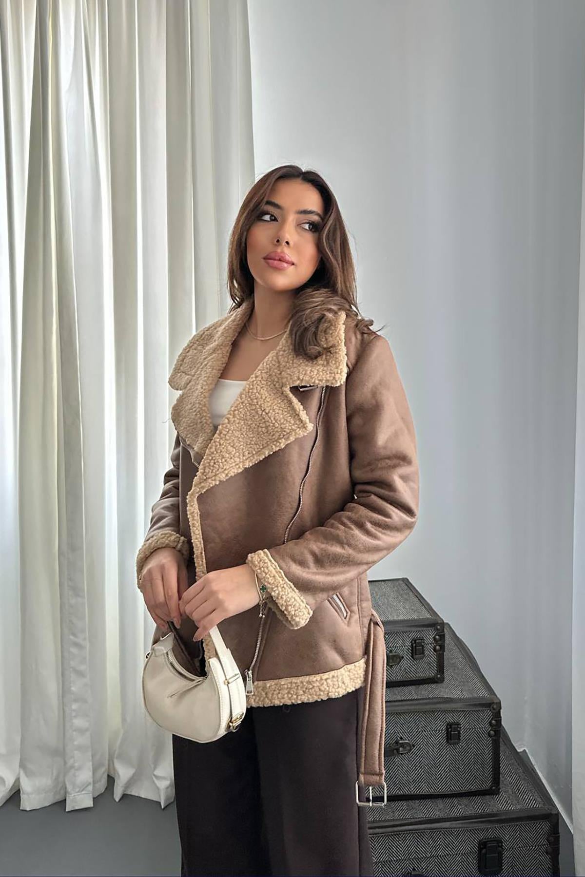 Toptan Taba Apoletli Kürklü Ceket Taba L