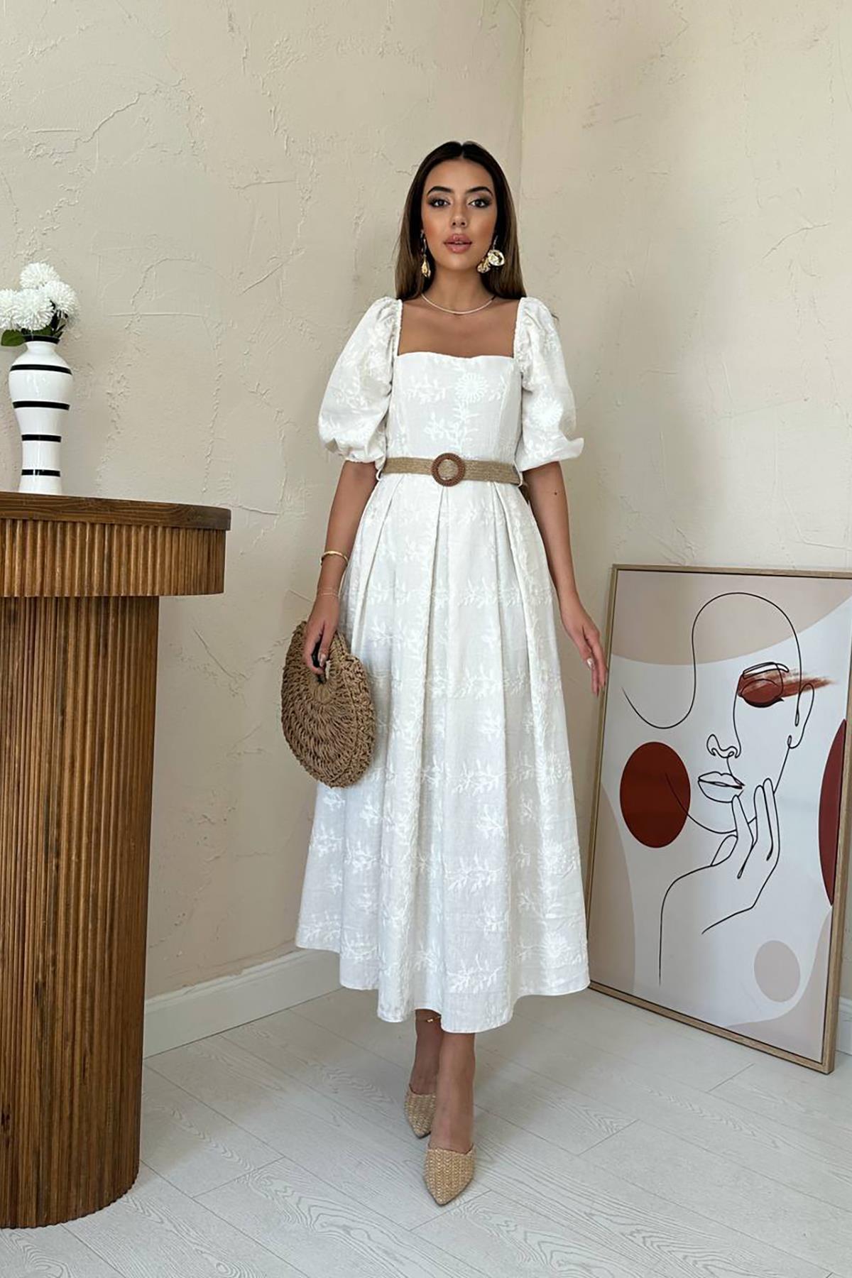 Toptan Taş Balon Kollu Brode Elbise Taş L