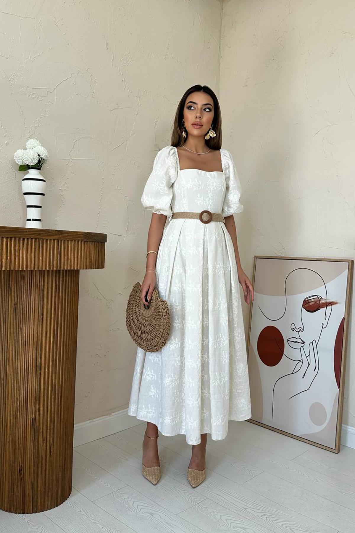 Toptan Taş Balon Kollu Brode Elbise