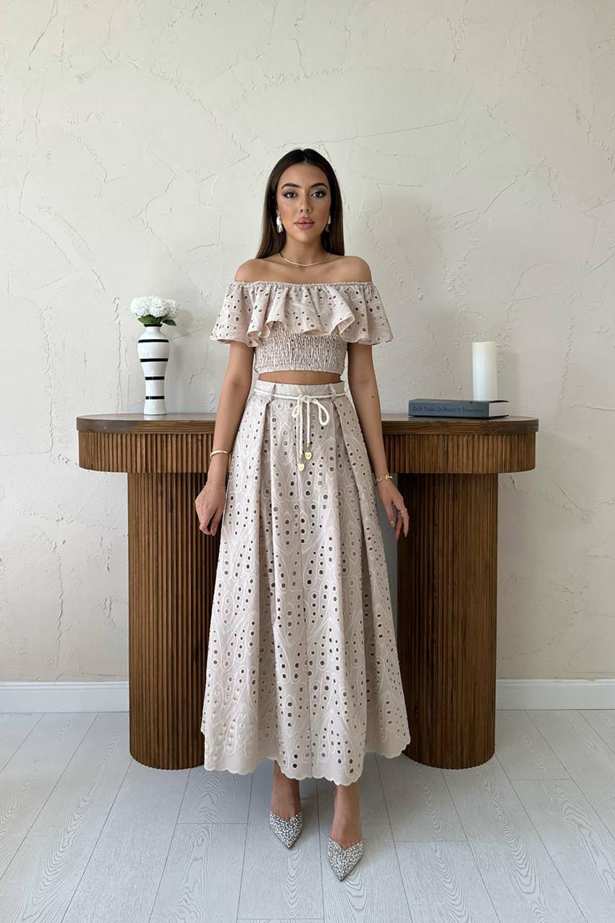 Toptan Vizon Gipeli Bluz Etek Takım Vizon L