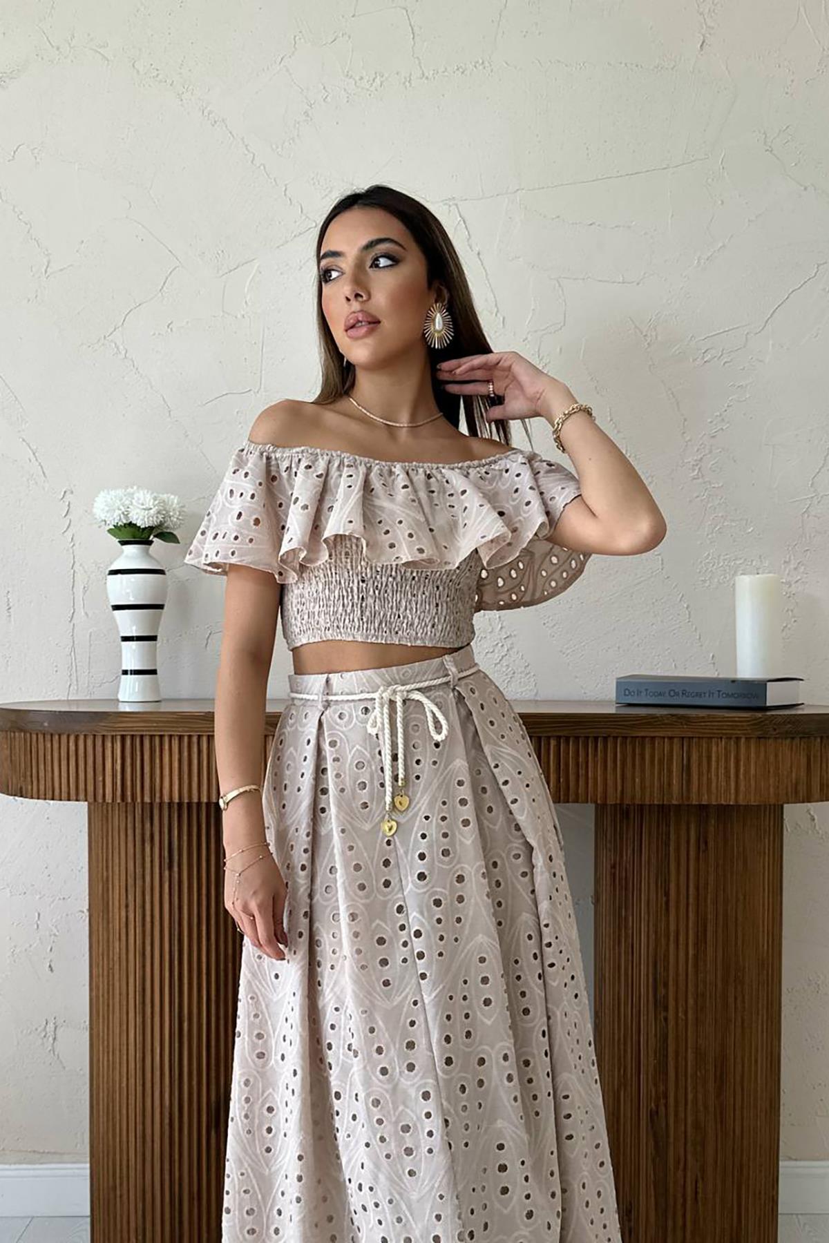 Toptan Vizon Gipeli Bluz Etek Takım