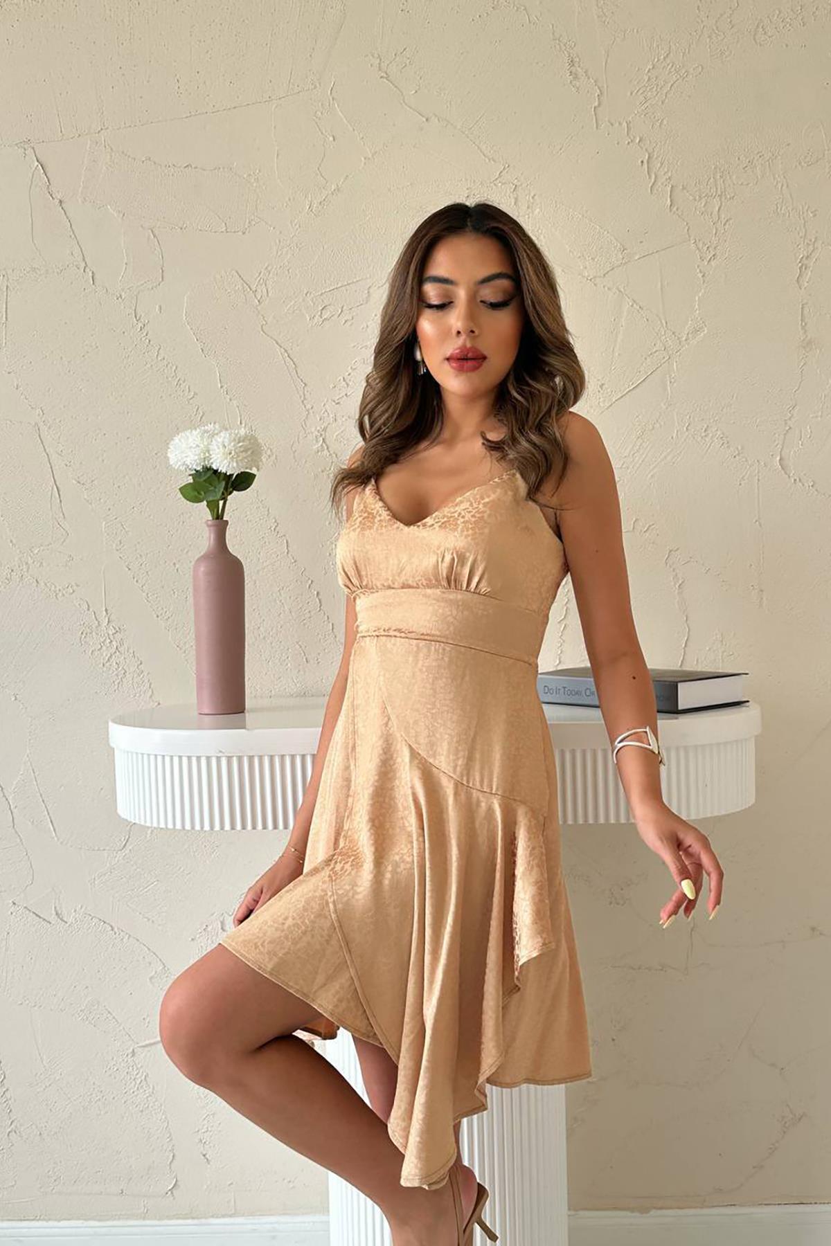 Toptan Vizon Jakarlı Asimetrik Elbise