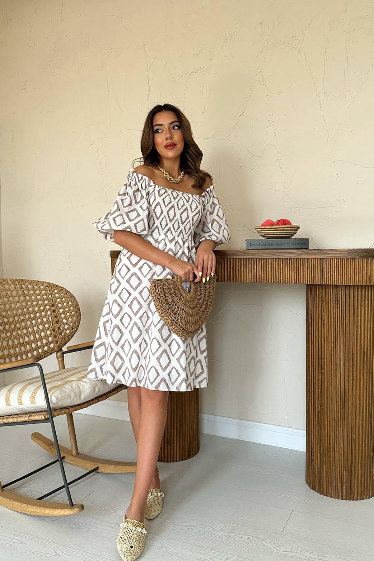 Toptan Vizon Kare Desenli Yazlık Elbise Vizon L