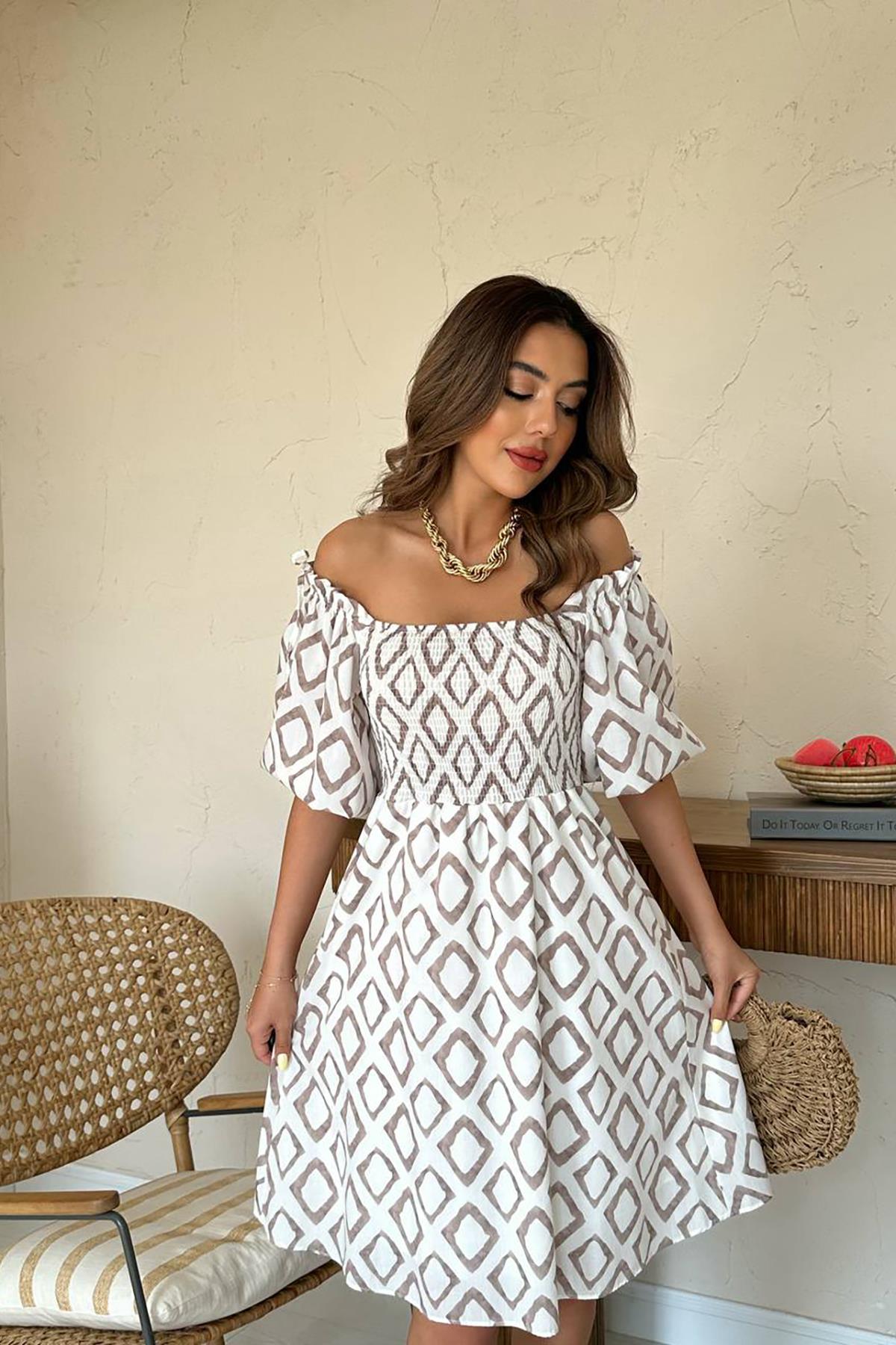 Toptan Vizon Kare Desenli Yazlık Elbise