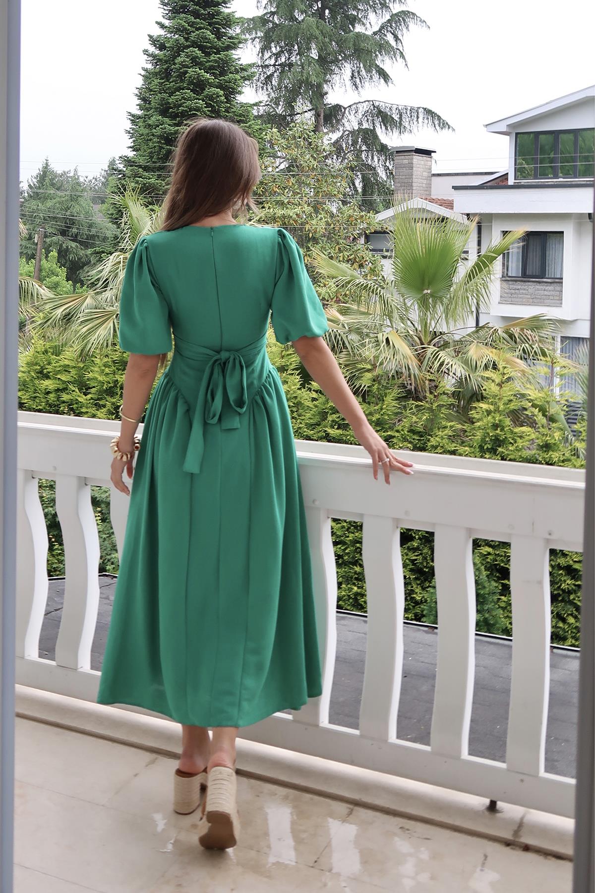 Toptan Yeşil Arkadan Bağlamalı Büzgülü Keten Elbise