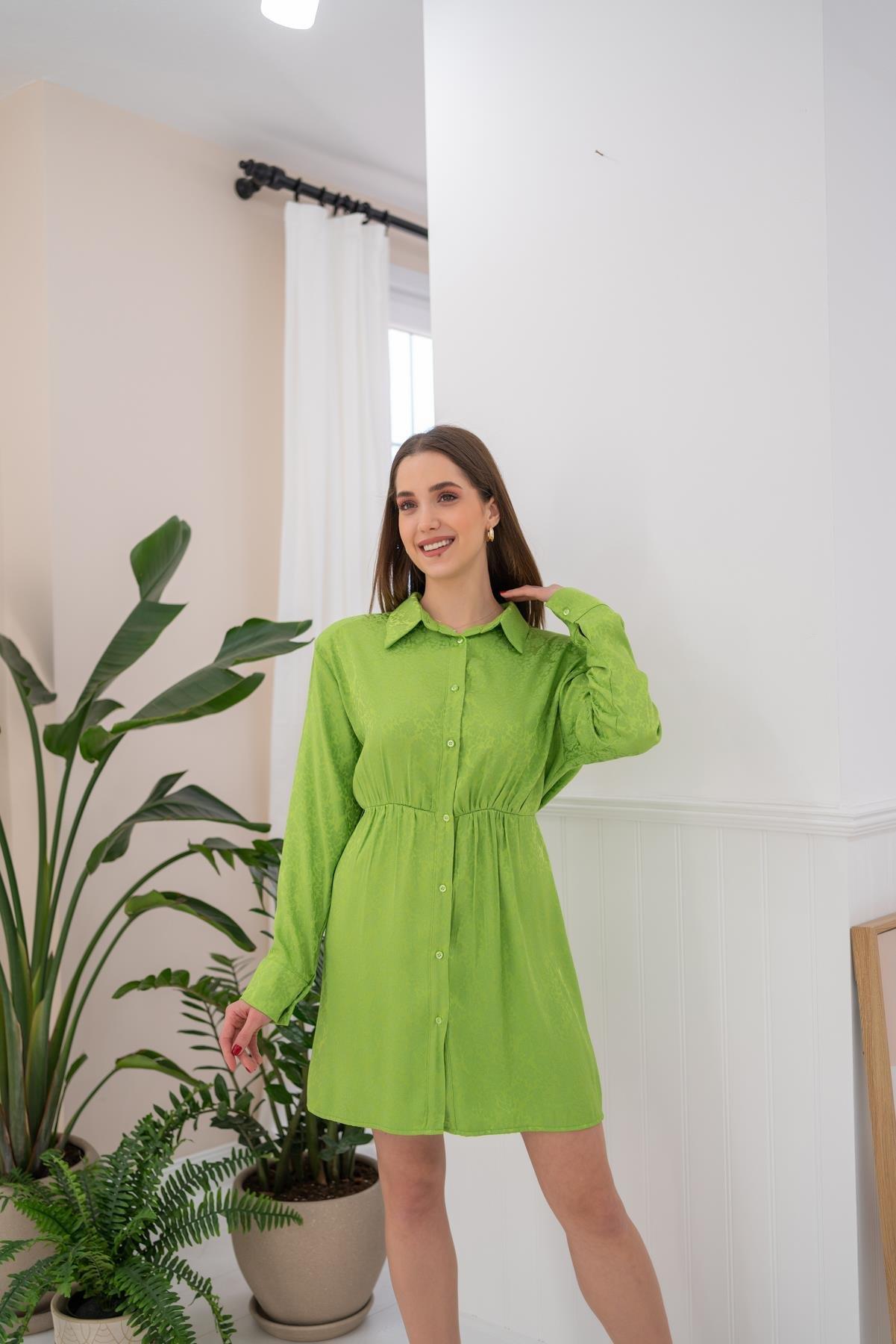 Toptan Yeşil Desenli Jakar Elbise