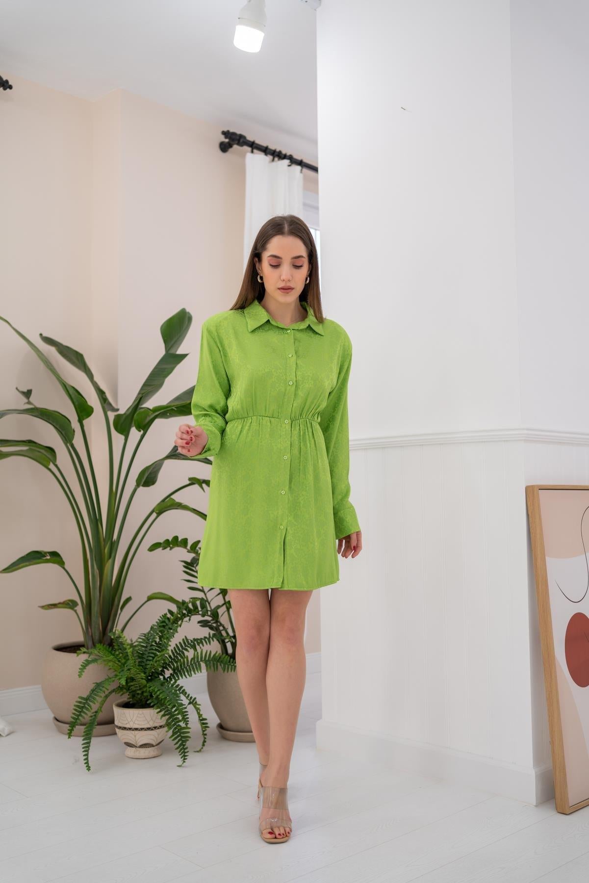 Toptan Yeşil Desenli Jakar Elbise Yeşil L