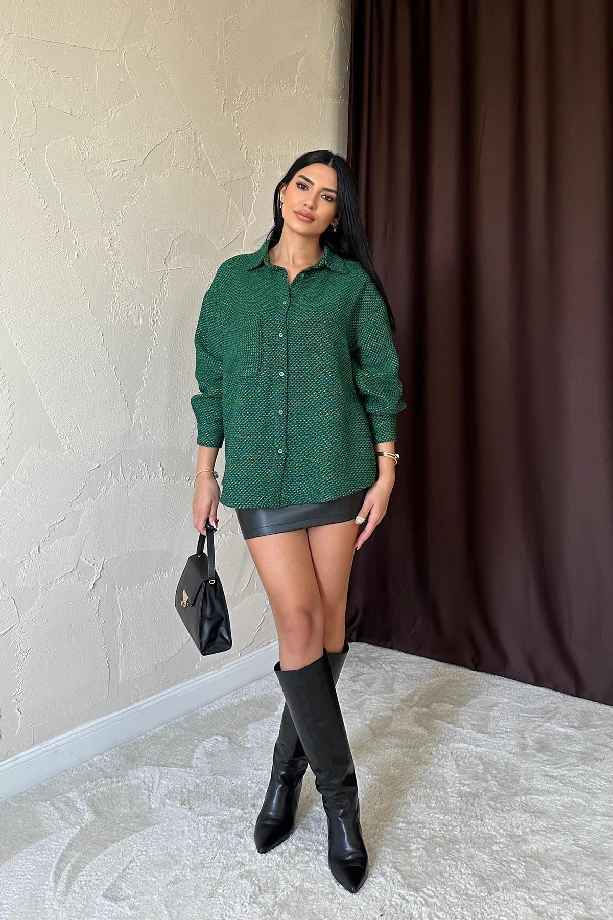 Toptan Yeşil Işıltılı Gömlek Yeşil L