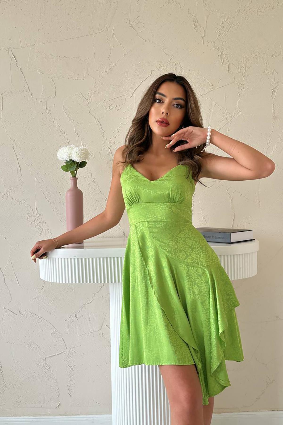 Toptan Yeşil Jakarlı Asimetrik Elbise