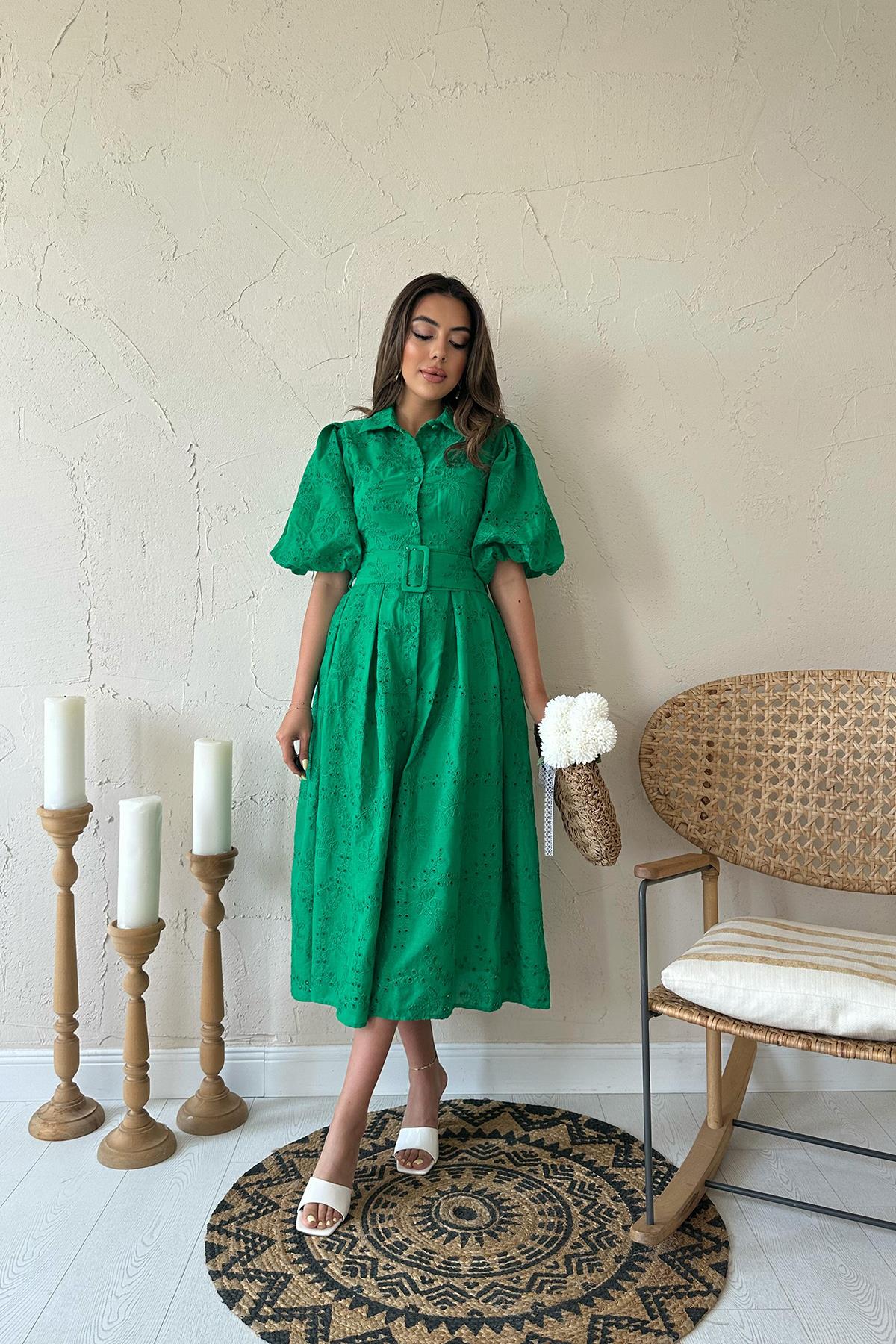 Toptan Yeşil Pileli Balon Kol Elbise Yeşil L